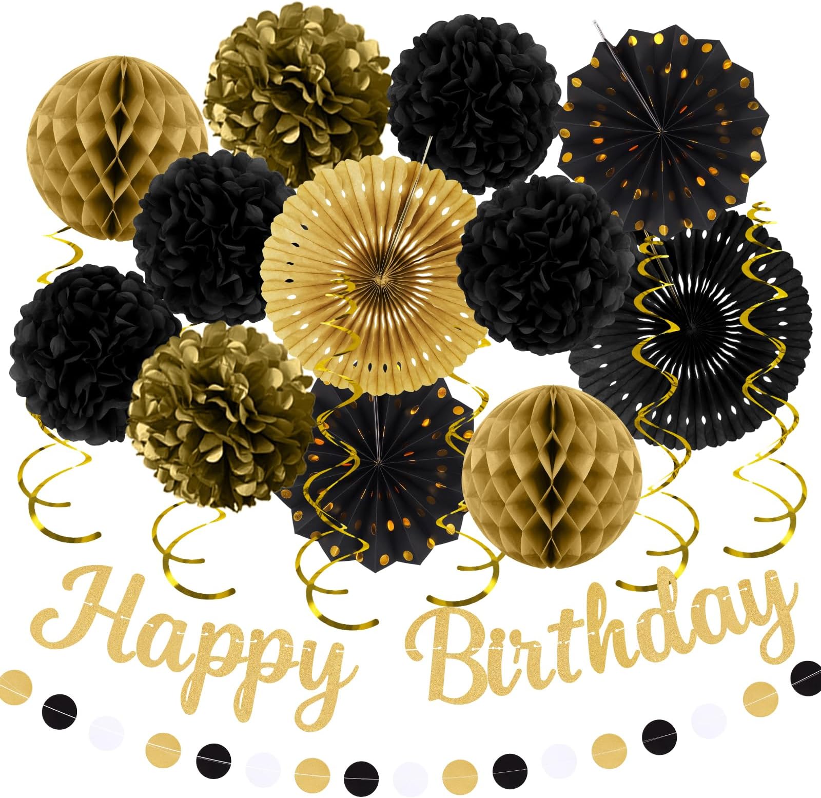 Birthday Decorations, Black Gold Party Decorations for Men Women - 20pcs Paper Pompoms Fan, Streamers, Lanterns, Garland, Happy Birthday Banner for Bday Party Backdrop Decor