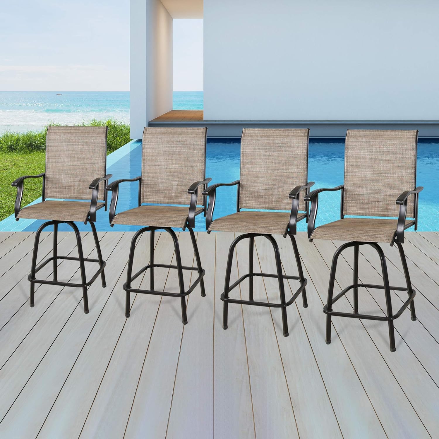 PEAK HOME FURNISHINGS 4-Piece Outdoor Swivel Bar Stools, Textilene Patio Seating Height Bar Chairs with High Back and Armrest (Sling Seat, Set of 4)