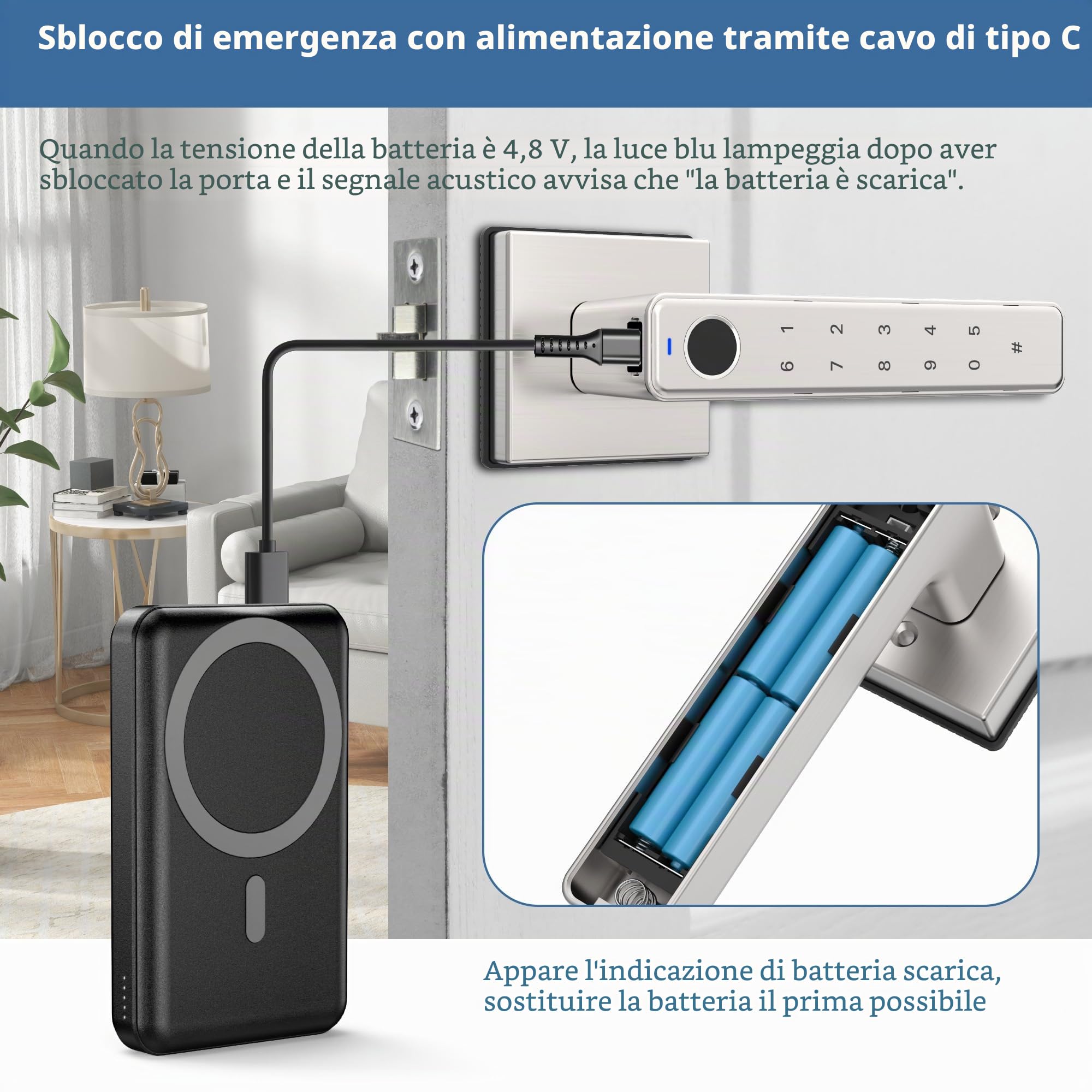 Serratura per porta con impronte digitali, serrature biometriche con maniglia e chiave meccanica*2, ingresso senza chiavi con touch digitale per casa, camera da letto, hotel, ufficio, argento