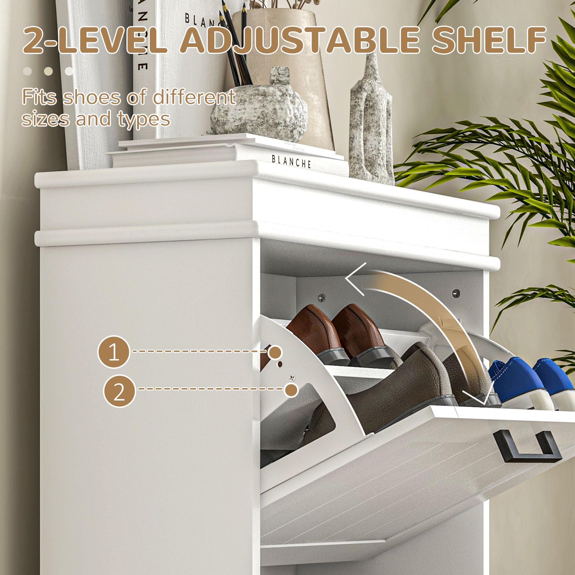 HOMCOM Zapatero Estrecho de 24 cm con 2 Puertas Abatibles Recibidor Blanco | Mueble Zapatero Entrada, Estantes Ajustables, para 6-10 Pares de Zapatos, para Pasillo, Espacios Reducidos