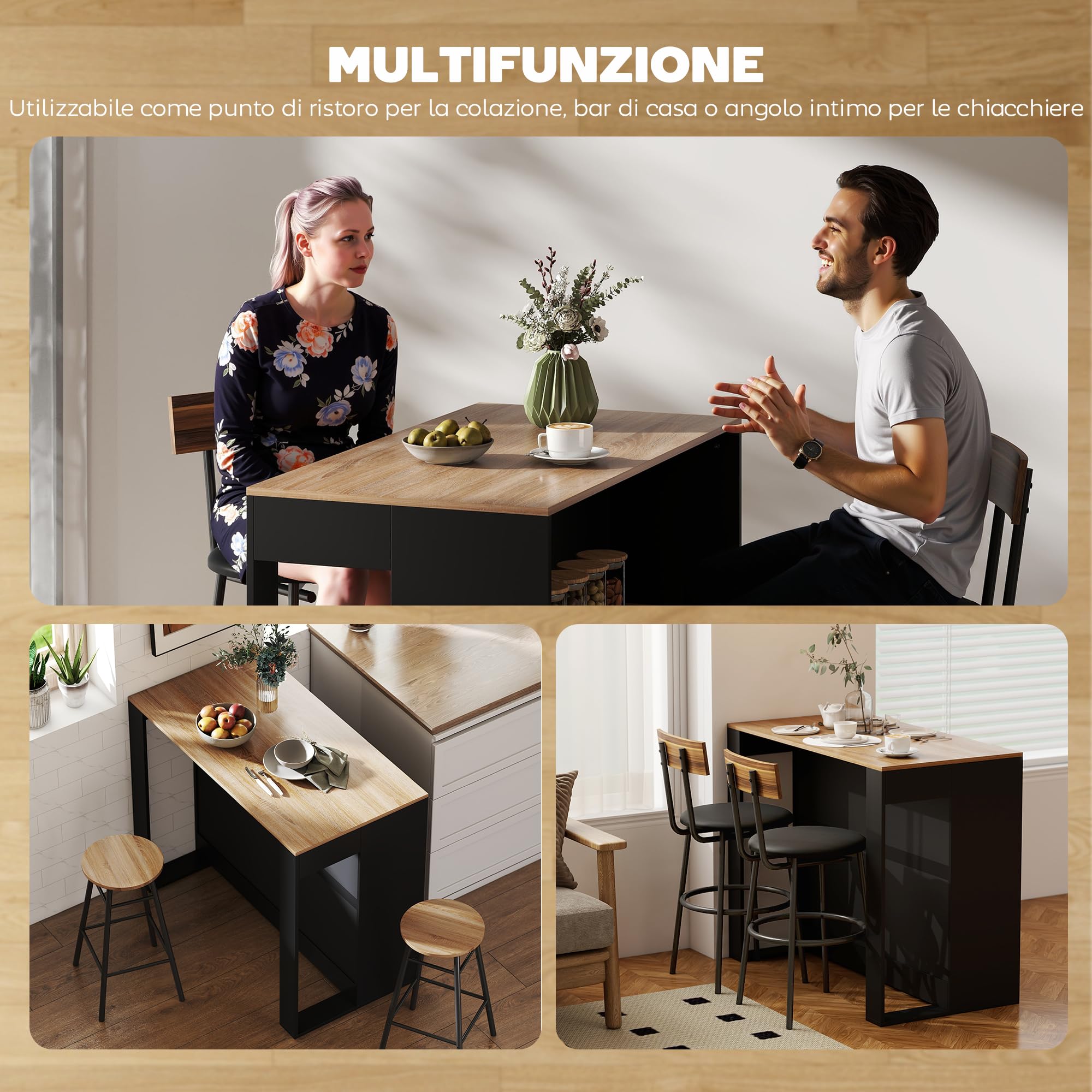 HOMCOM Tavolo Bar con 3 Ripiani 113x60x90 cm Nero e Color Legno