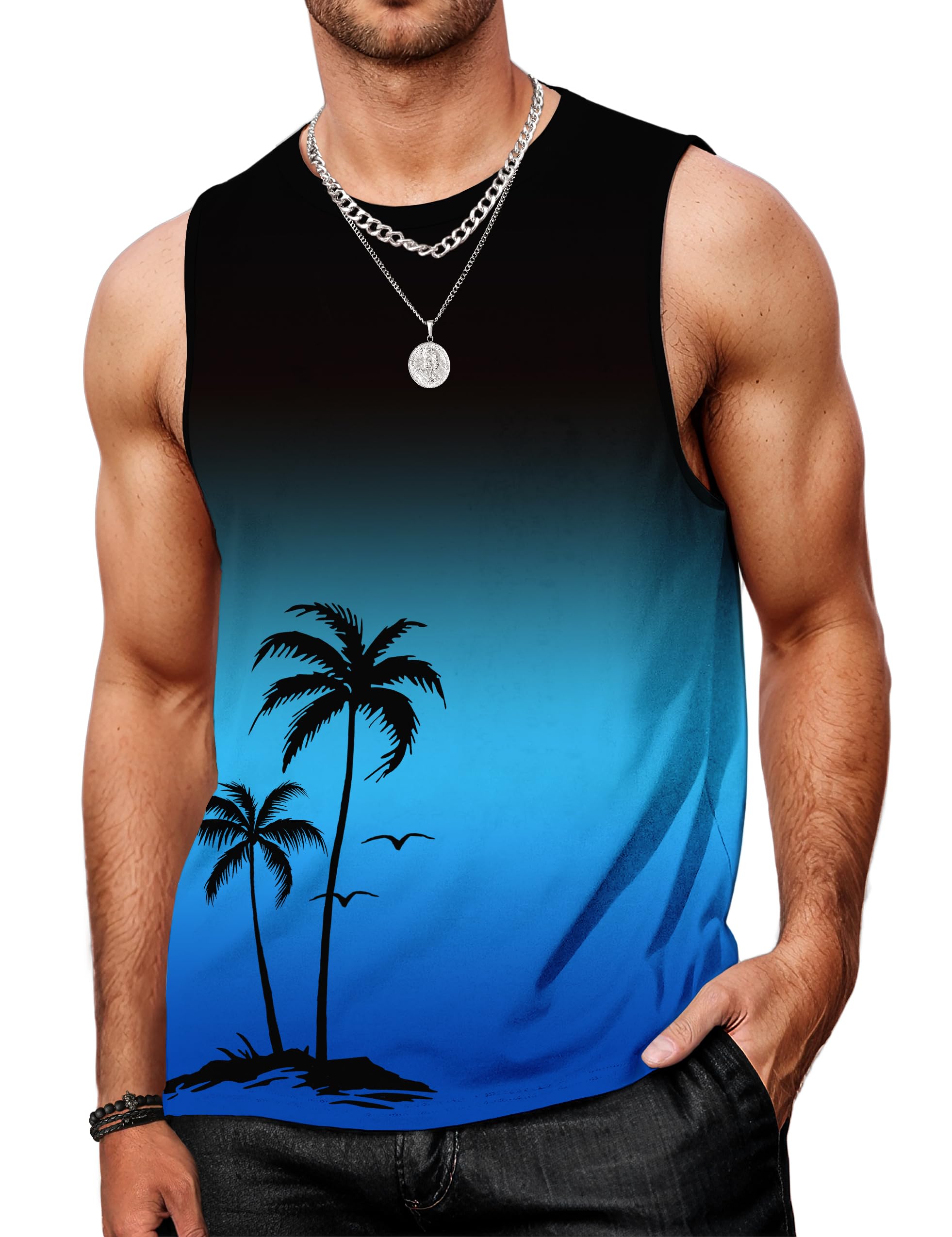 Indoner Mens Graphic Tank Tops Workout Sleeveless Shirts Hawaiian Palm Tree Vacation Tanks for Men Summer Beach T-Shirt