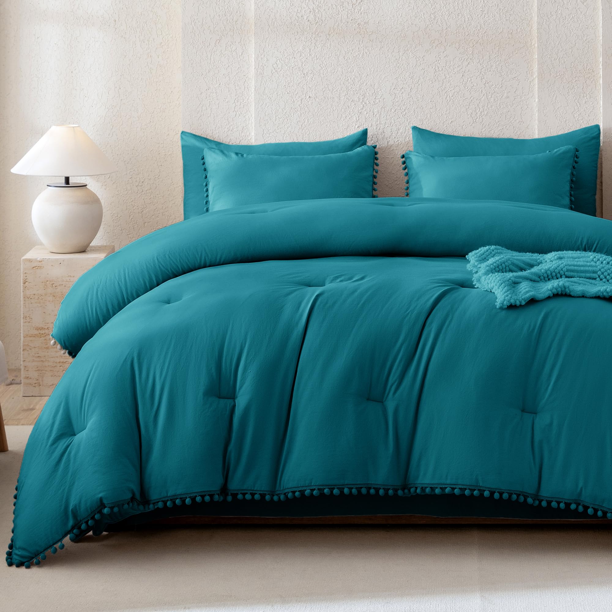 Litanika King Size Comforter Set Turquoise,3 Pieces Turquoise Boho Pom Pom Lightweight Bed Comforter, All Season Soft Solid Color Bedding Comforter Sets (1 Comforter 104x90 Inch, 2 Pillowcases)