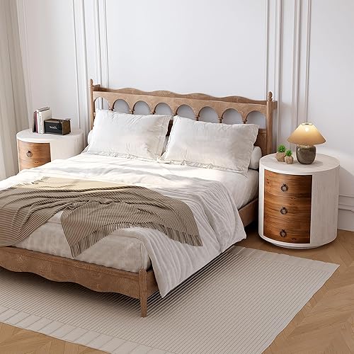 Miniatura 73 de HOMPUS Juego de 2 mesas auxiliares con cajón y estante, juegos de mesitas de noche vintage con cajón de patrones, mesita de noche de grano de 1