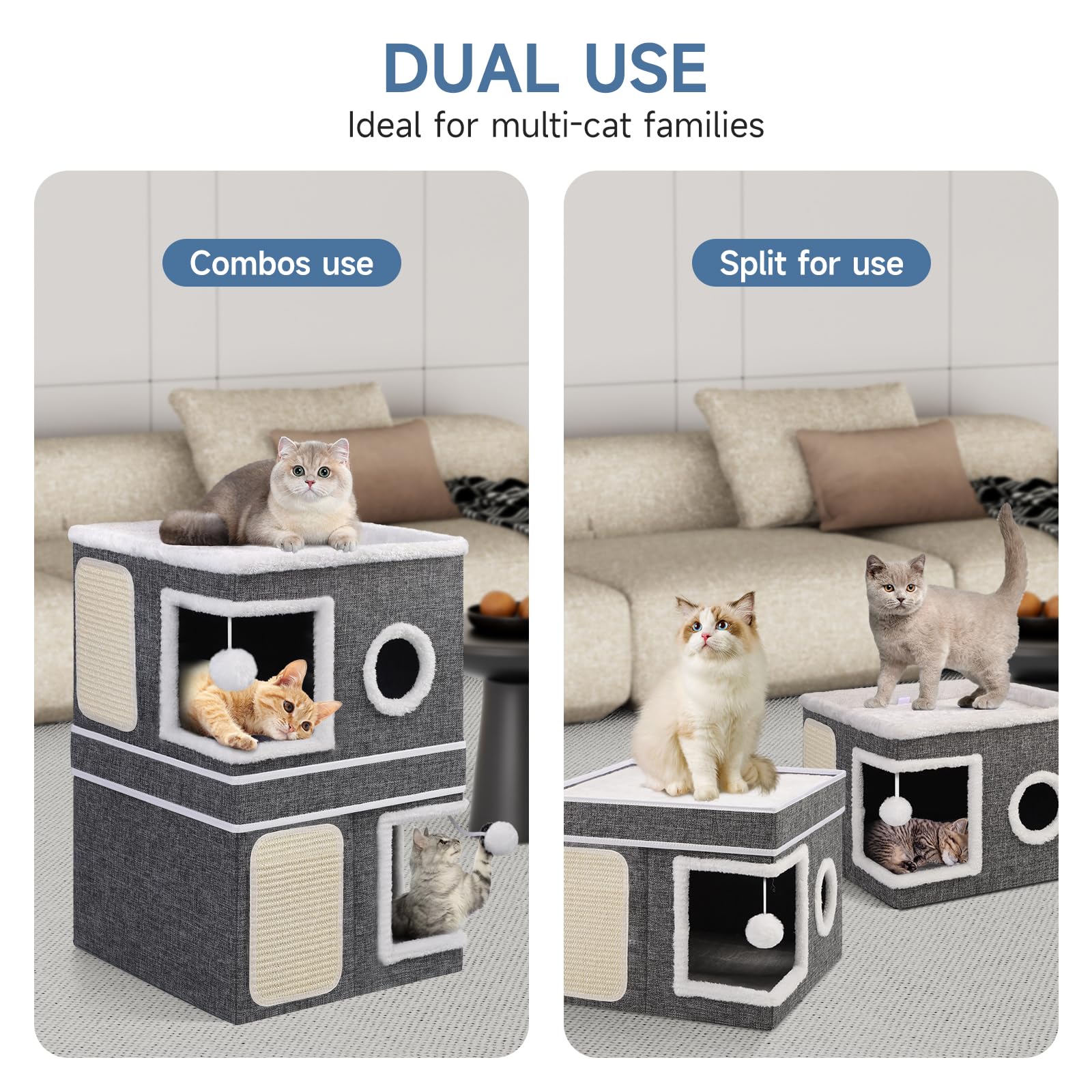 Casa para gatos de 3 capas, cueva plegable para gatos grandes, 40 x 40 x 63 cm, cubo interior para gatos, divisible en 2 grandes cuevas para gatos con escondite para gatos, cama grande para gatos con