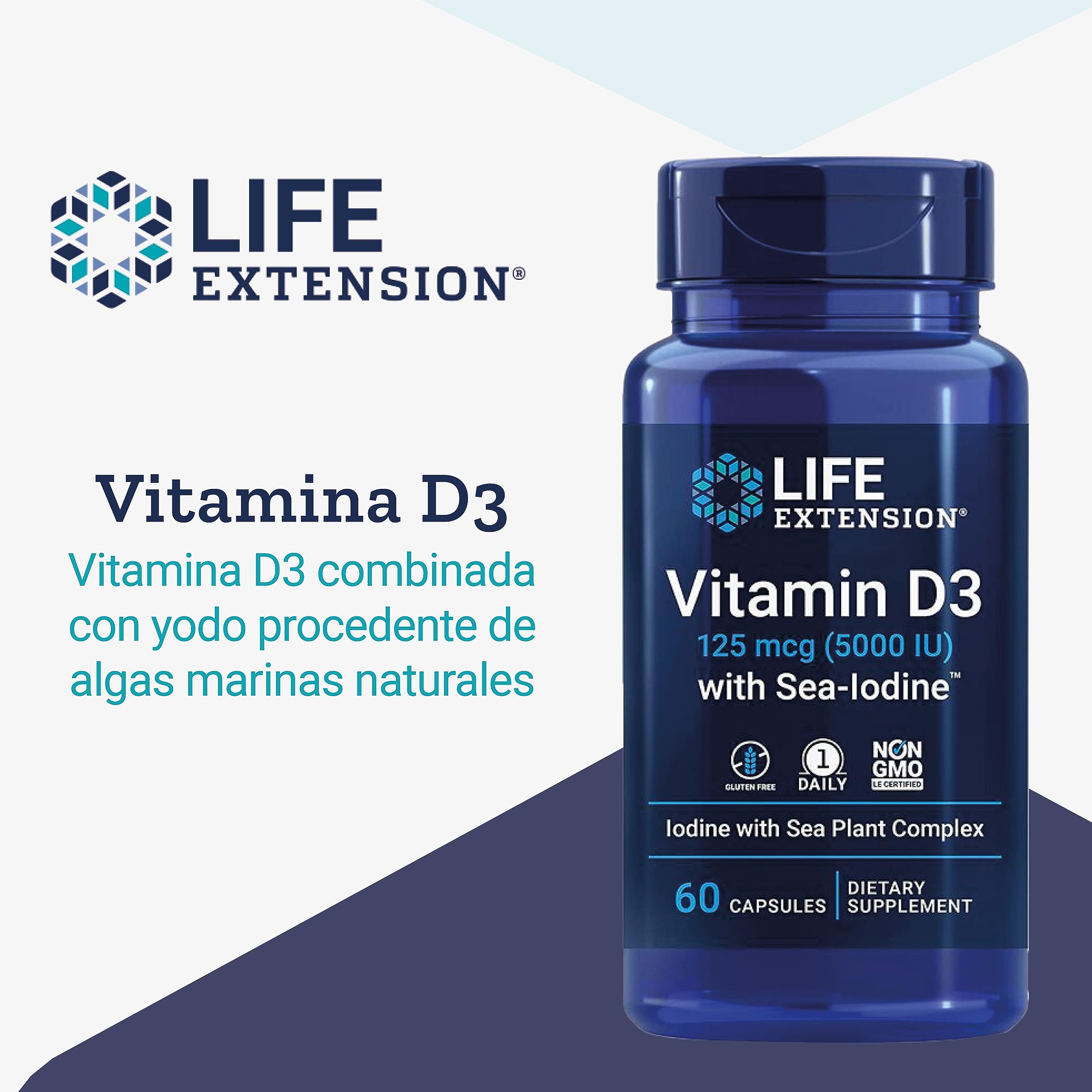 Life Extension, Vitamina D3 125mcg (5000 IU), Depot, Una Cápsula cada 5 Días, con Yodo Marino, 60 Cápsulas, Probado en Laboratorio, Sin Gluten, Sin Soja, No GMO