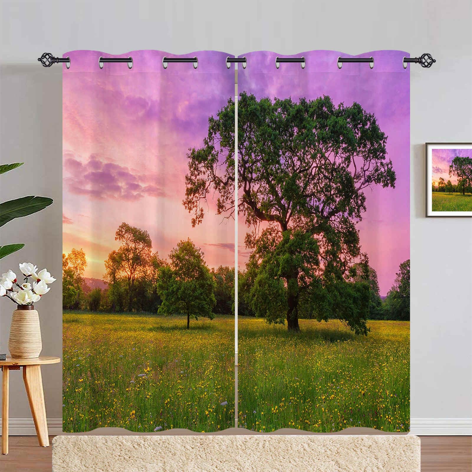 ANHOPE Nature Curtains Eyelet 80% Blackout Room Darkening Curtains Sunset Tree Flower Print Pattern Thermal Insulated Privacy Window Drapes for Bedroom Living Room 55 x 69 Inch Drop 2 Panels — image 1