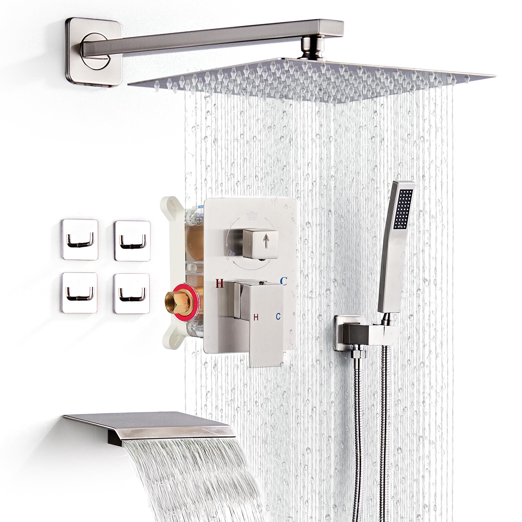 LCEVCGK Shower Faucet Set with Tub Spout, Brushed Nickel Rainfall Shower System Complete Wall Mounted for Bathroom with 10 Inch Square Shower Head and