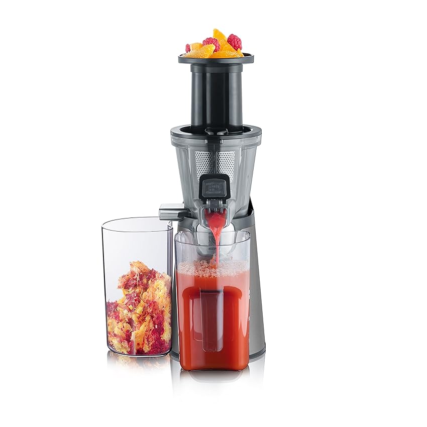 SEVERIN ES 3571 Slow juicer 1 L da 150 W, Estrattore frutta e verdura senza lame a bassa velocità, Estrattore di succo con micro-setaccio e accessori facile da pulire, Acciaio