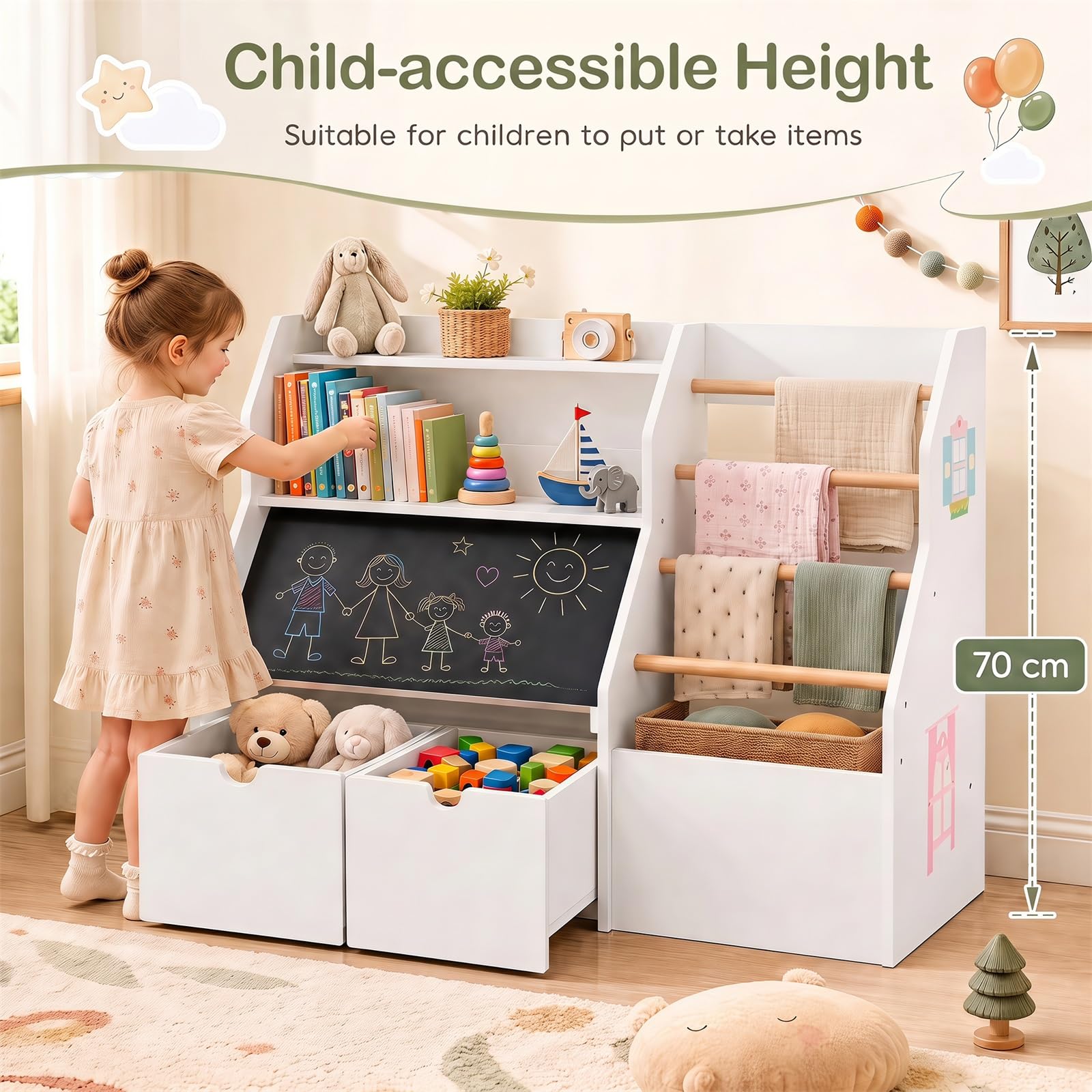 GYMAX Organizer per giocattoli con lavagna ribaltabile e 2 cassetti mobili