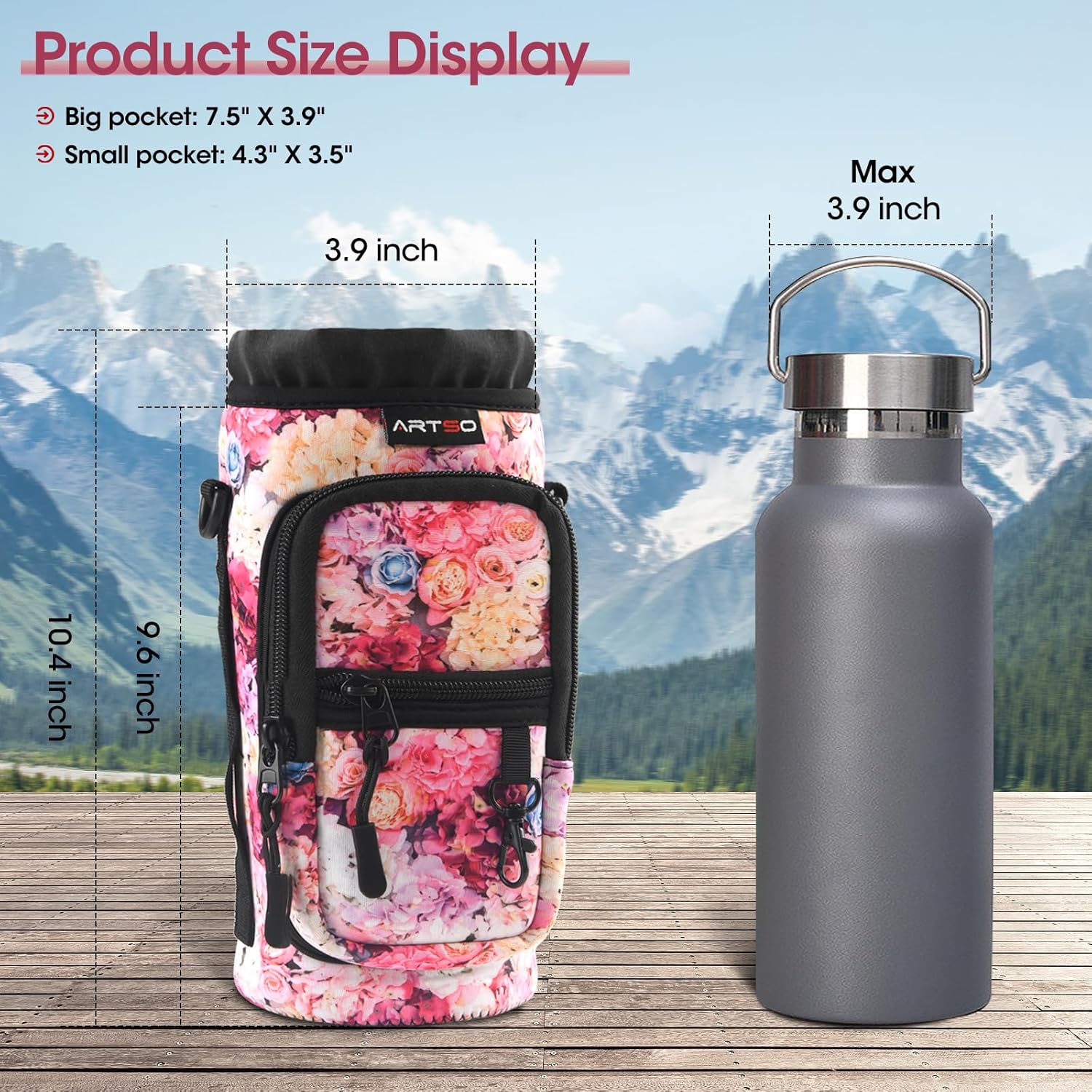 ARTSO Water Bottle Carrier Bag Sling Holder Pouch, 25oz 32oz 40oz 64oz Insulated Water Bottle Sleeve Case Cover with Adjustable Shoulder Hand Strap Pocket for Hiking Camping, Colorful flowers - Image 7