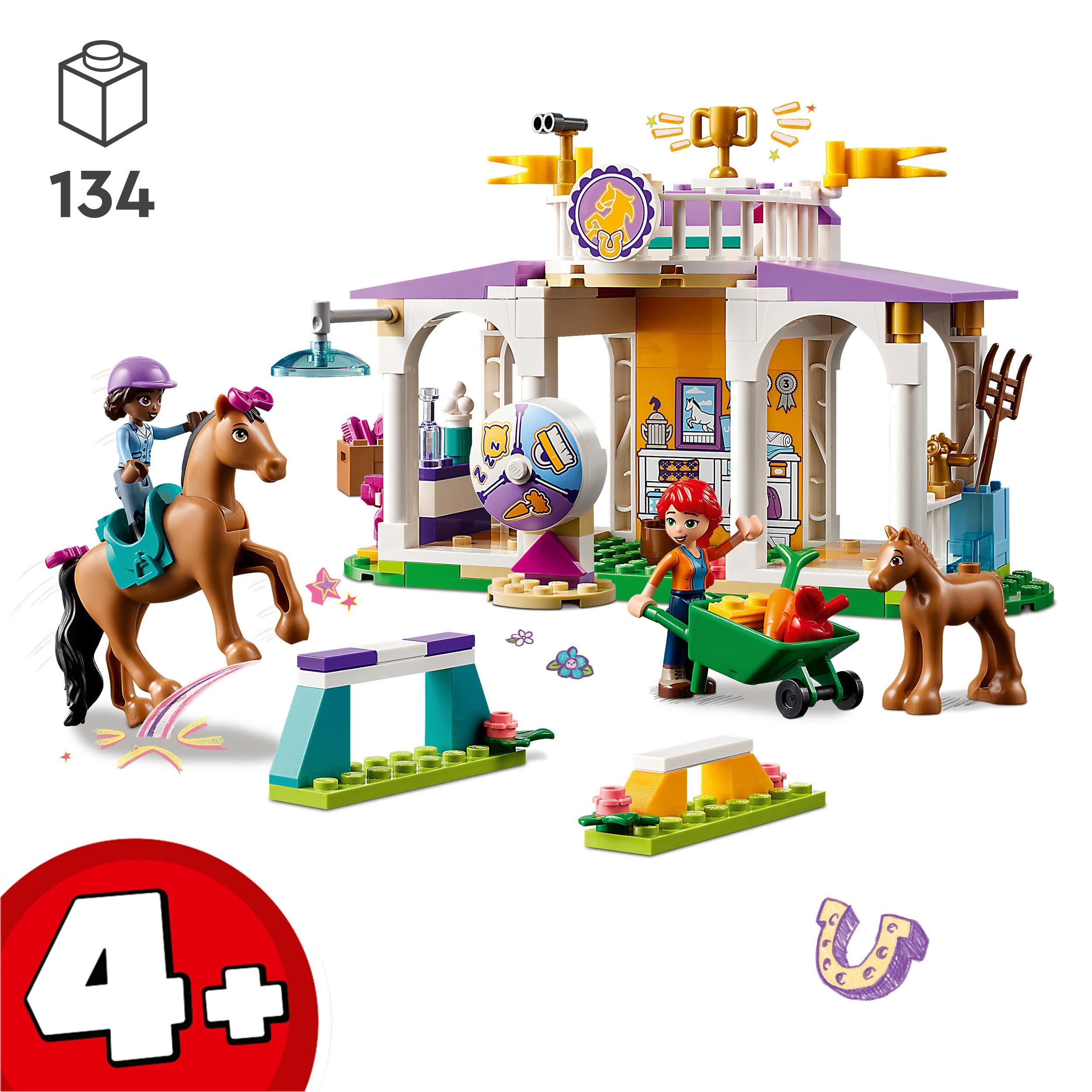 LEGO 41746 Friends Reitschule Set mit 2 Spielzeug-Pferden, Aliya und Mia Mini-Puppen, Reitstall- und Pferdespielzeug, Tierpflege-Geschenk für Kinder, Mädchen und Jungen ab 4 Jahre