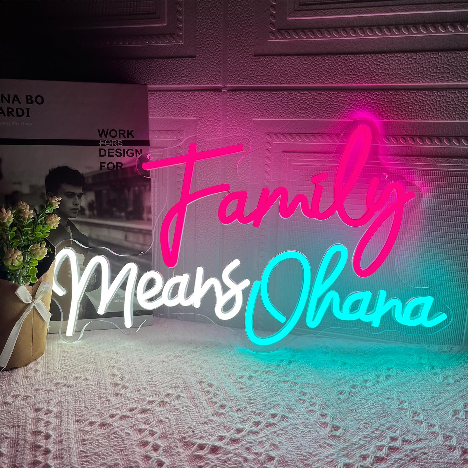 Family Means Ohana Neon Sign, Dimmable Family Led Neon Light for Wall Decor, USB Powered Ohana Neon Light Up Sign for Bedroom Living Room Birthday Party Game Room Office Kids Friends Present
