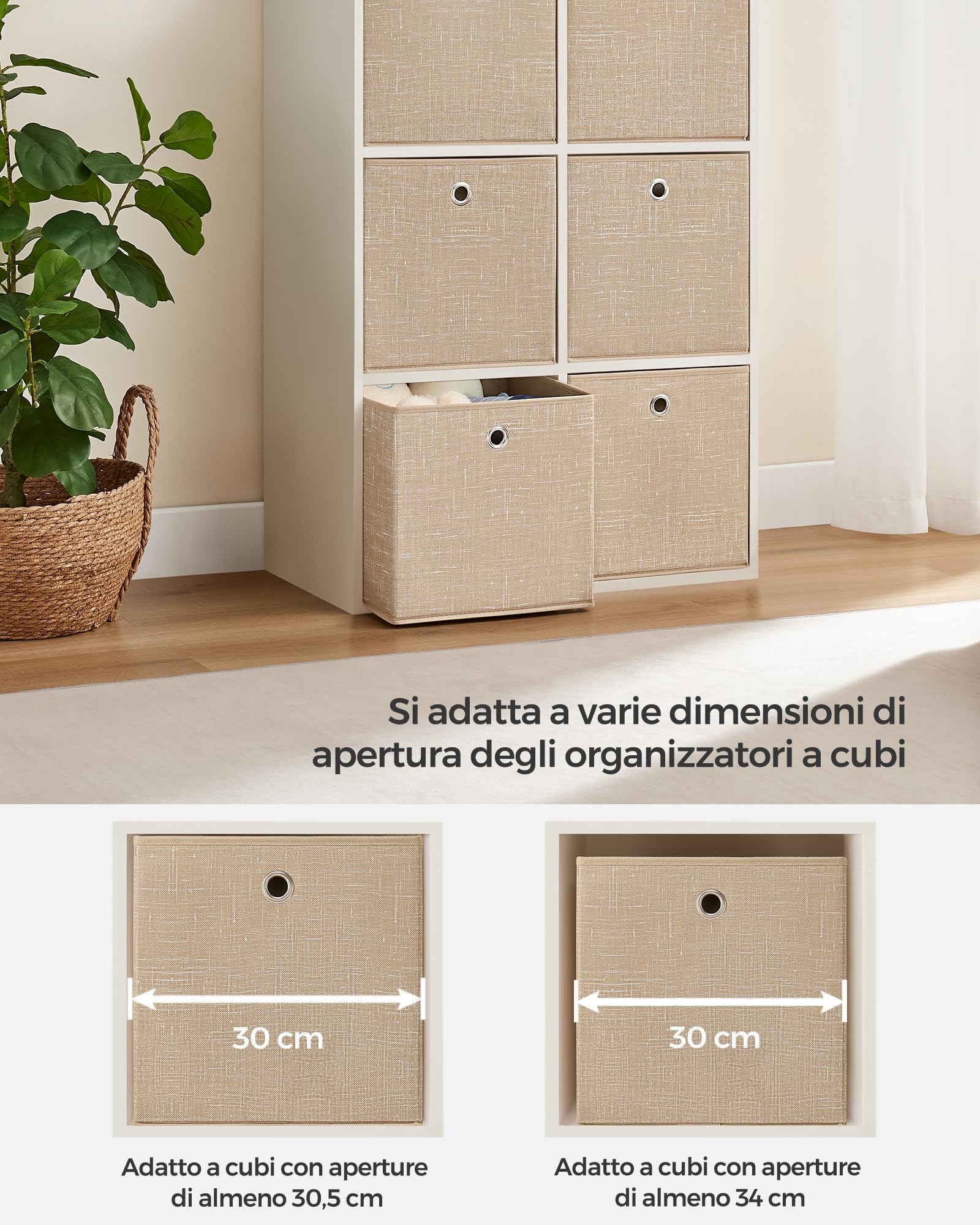 SONGMICS Scatole Portaoggetti, Set di 6 Contenitori in Tessuto Non Tessuto con Manico, 30 x 30 x 30 cm, Unità di Organizzazione, per Scaffale, Pieghevoli, Porta Abiti, Beige Sabbia RFB006K03