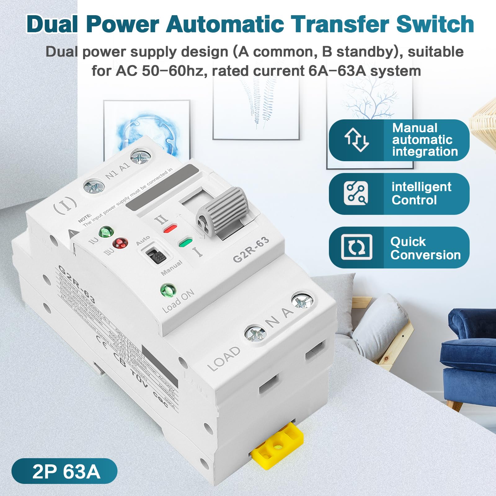 Jadeshay Commutateur de Transfert Automatique G2R ATS Inverseur de Source Automatique 63A 2P Sélecteurs électriques 220V