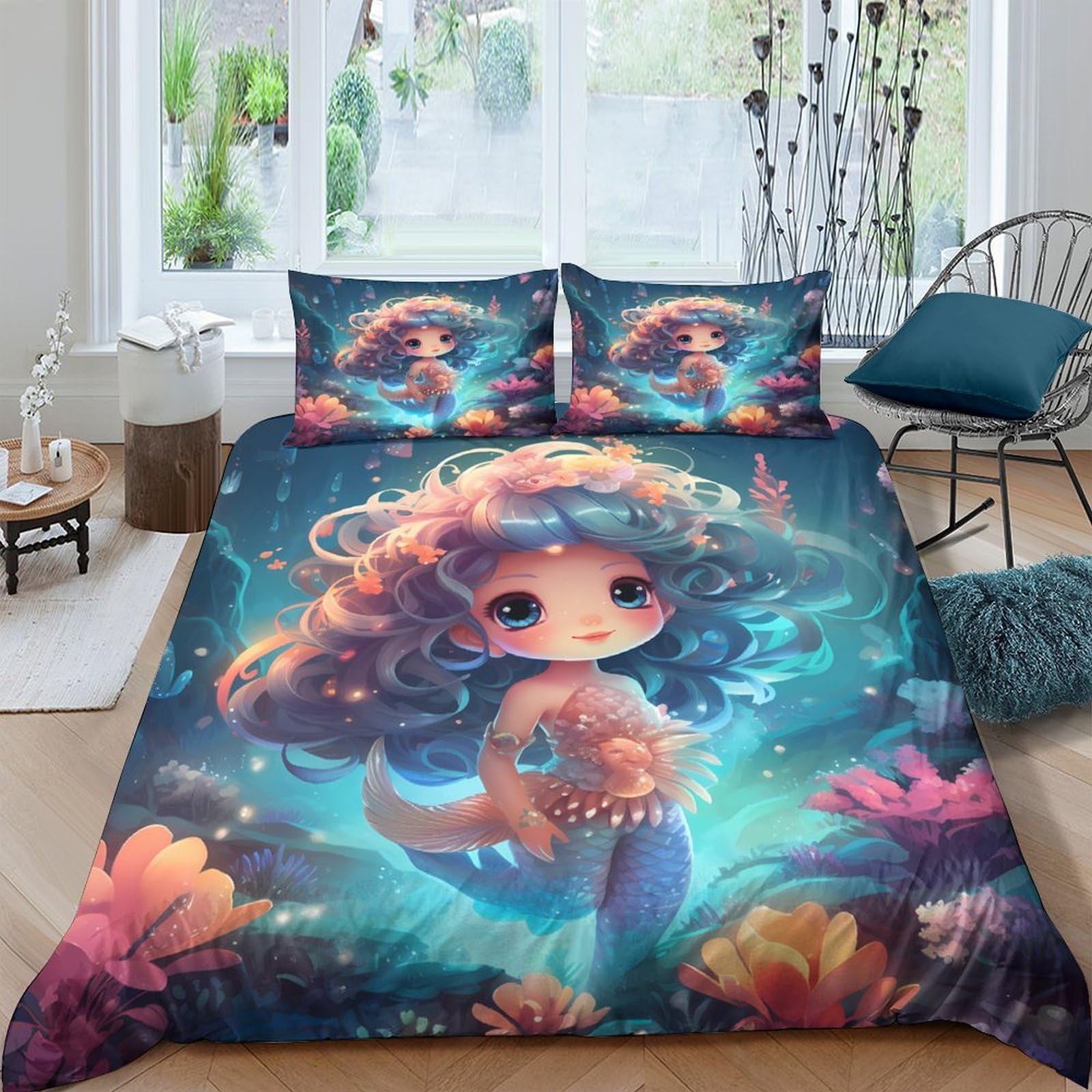 Ctjqhvkz Style-2 3D Printed Cute Mermaid Fitted Sheet Microfiber Colourful Fantasy Ocean Bed Cover For Bedroom Guest Room Decor Single（135X200cm）