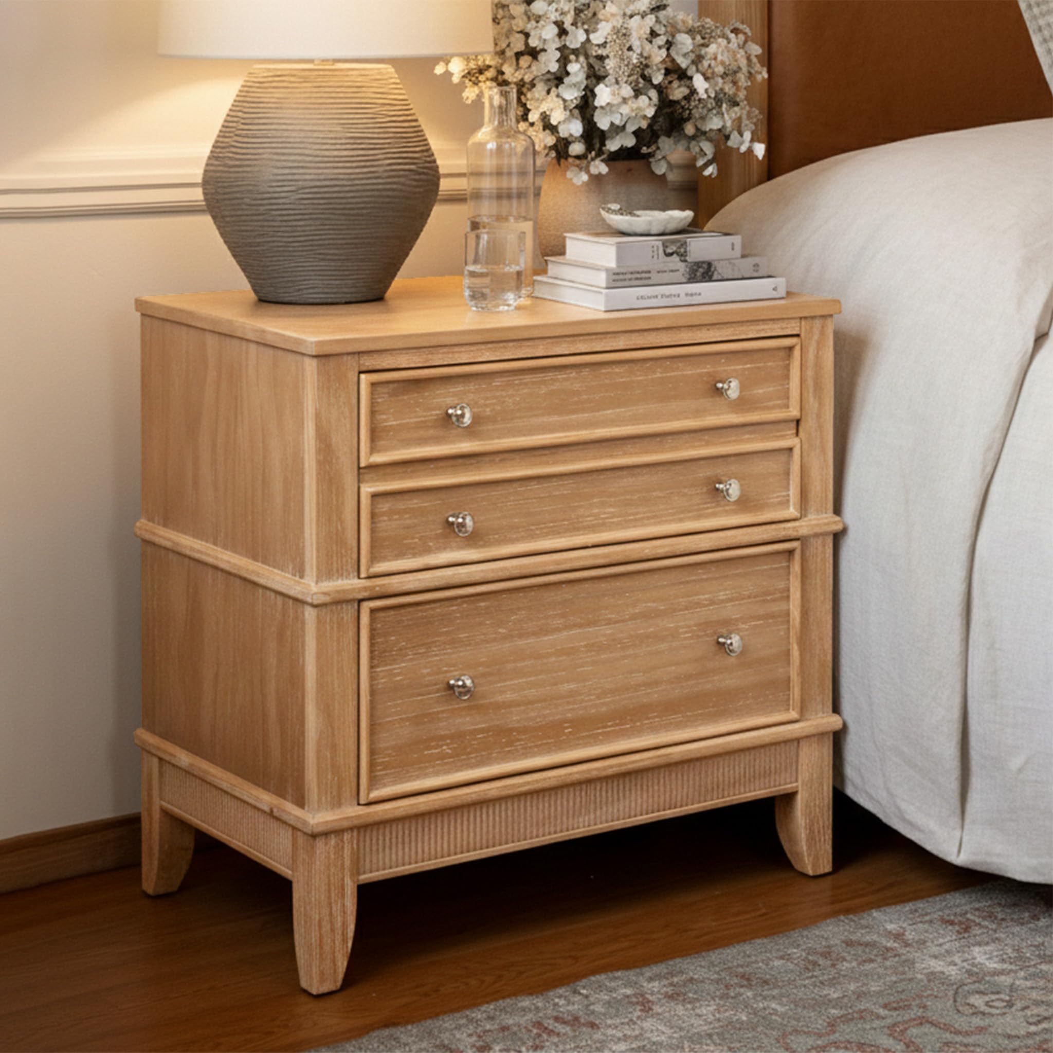 Rustic 3-Drawer Nightstand, Solid Wood Sofa Side End Table Bedside Night Stand with Silver Finish Handles, 27.3" L x 17.3" W x 26" H (Hazel)