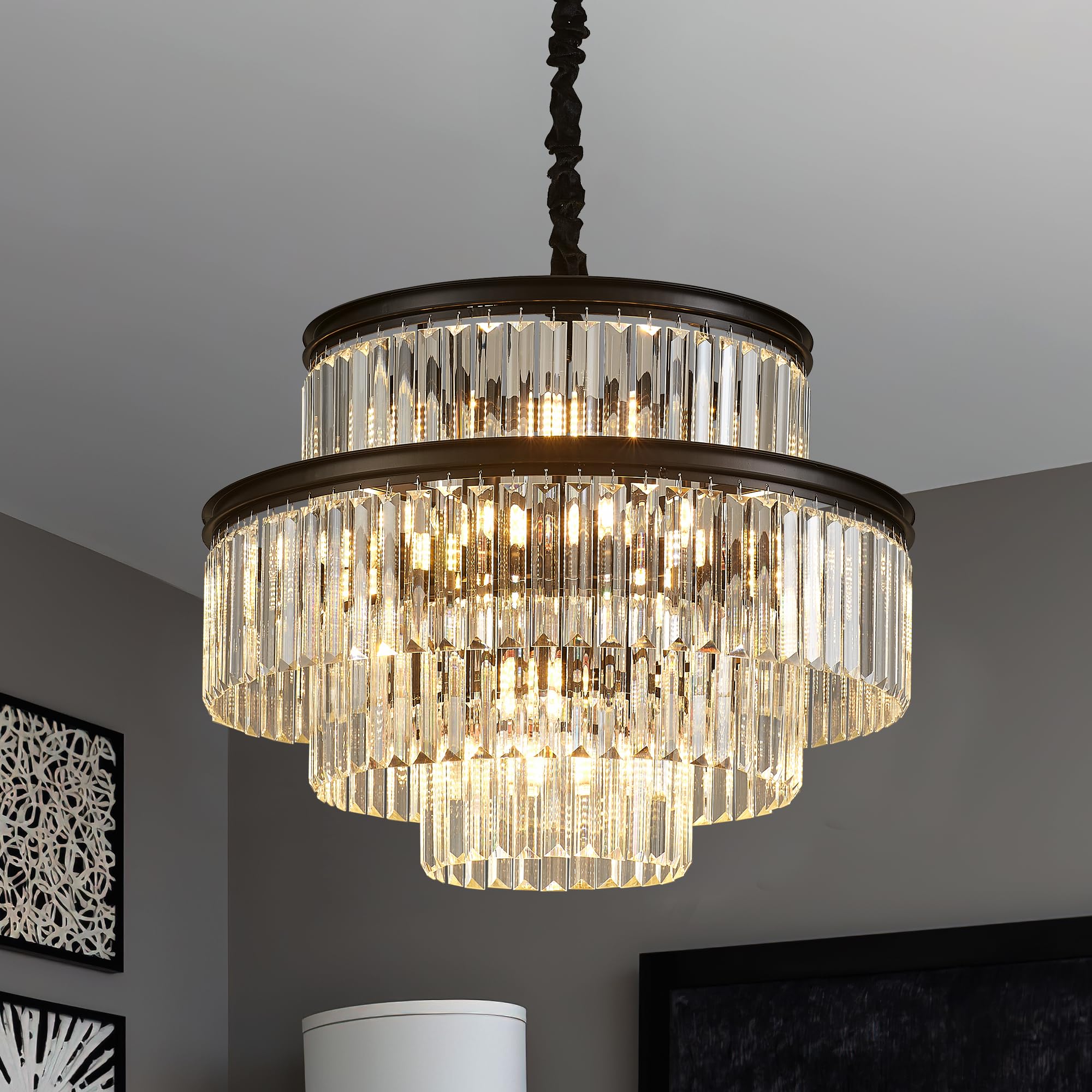 Photo 1 of brfaixla 21.6" 14-Light Modern Crystal Chandelier Light Fixtures 4-Tier Black Luxury Chandeliers for Dining Room Round Hanging Pendant Lighting for Living Room Kitchen Entryway Bedroom Foyer Hallway