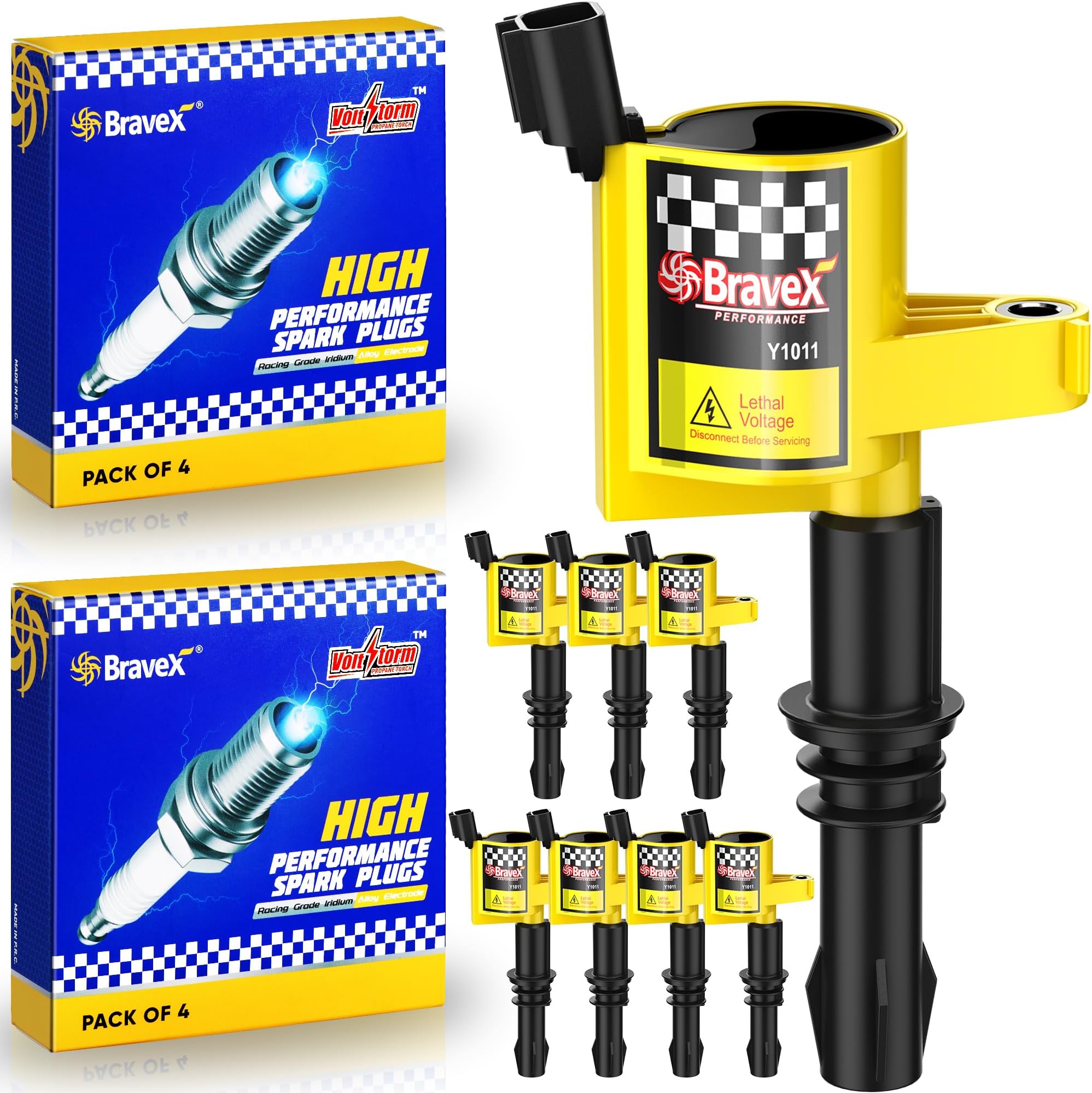 BravexIgnition Coil Pack DG511 & Spark Plugs SP515 SP546 Compatible with Ford Expedition F150 F250 Super Duty Lincoln 5.4L V8 3L3E12A366CA C1541 FD508 UF537 Set of 8 Yellow(15% More Energy)