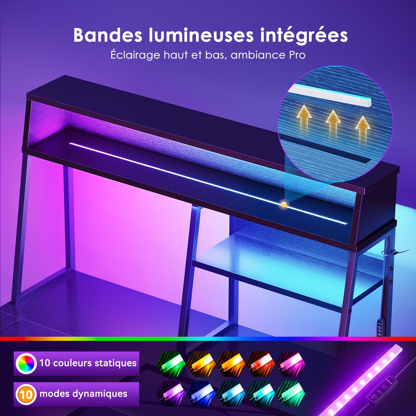 Coleshome Bureau Gaming Angle avec LED, 150 × 100 cm, Noir
