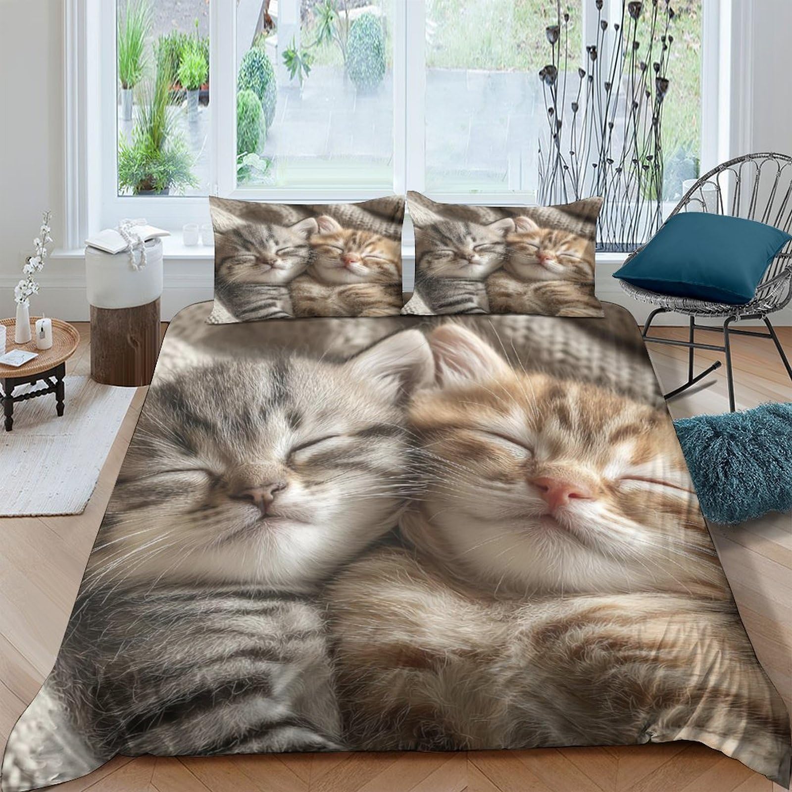 Ctjqhvkz Style-1 3D Printed Cute Sleeping Kittens Fitted Sheet Microfiber Soft Cat Couple Mattress Cover For Bedroom Dorm Protective Decor Single（135X200cm）