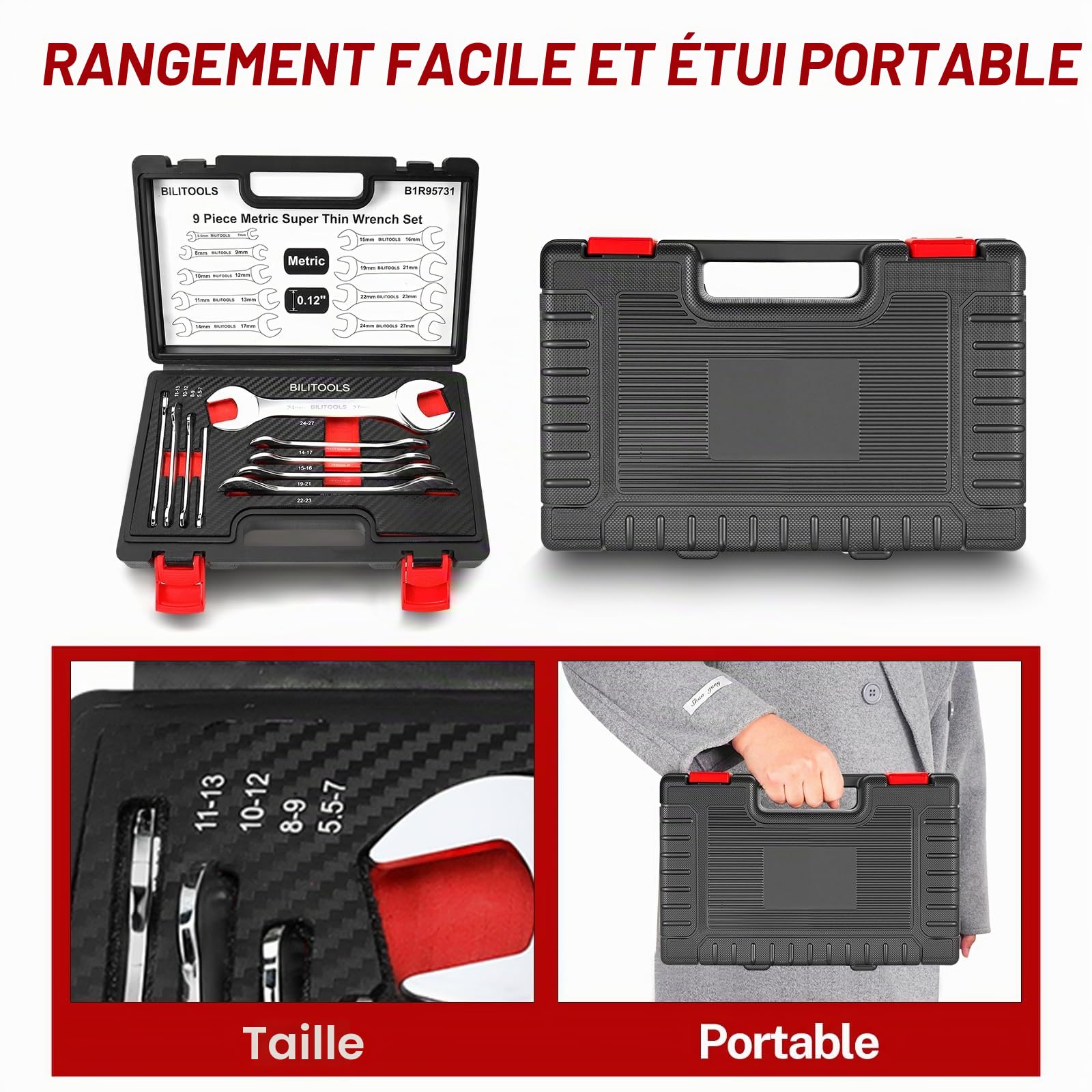 BILITOOLS Jeu de clés plates extra fines 9 pièces 3 mm 5,5-27 mm | Clés plates extra fines 3 mm, 18 tailles métriques en acier chrome-vanadium, pour écrous fins et espaces restreints