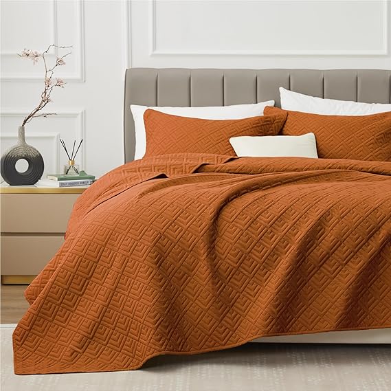 EXQ Home Quilt Set Twin Size Umber 2 Piece,Lightweight Soft Coverlet Modern Style Squares Pattern Bedspread Set(1 Quilt,1 Pillow Sham)
