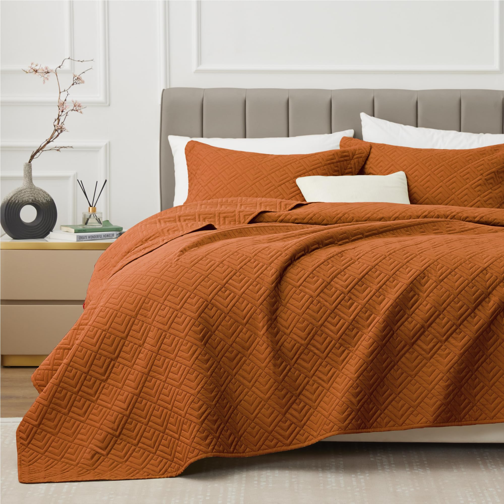EXQ HomeQuilt Set Full/Queen Size Umber 3 Piece,Lightweight Soft Coverlet Modern Style Squares Pattern Bedspread Set(1 Quilt,2 Pillow Shams)