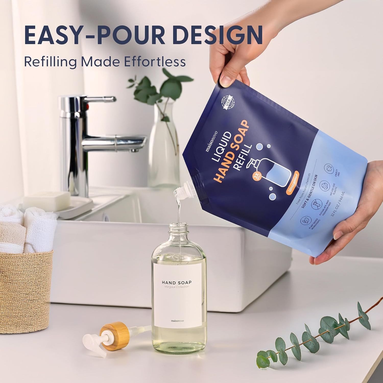 MaisoNovo Hand Soap Refills | Natural Hand Soap Refill Made in USA | Gentle Non Toxic Refill Good for All Skin Types | Unscented Refill Pouch 32 oz