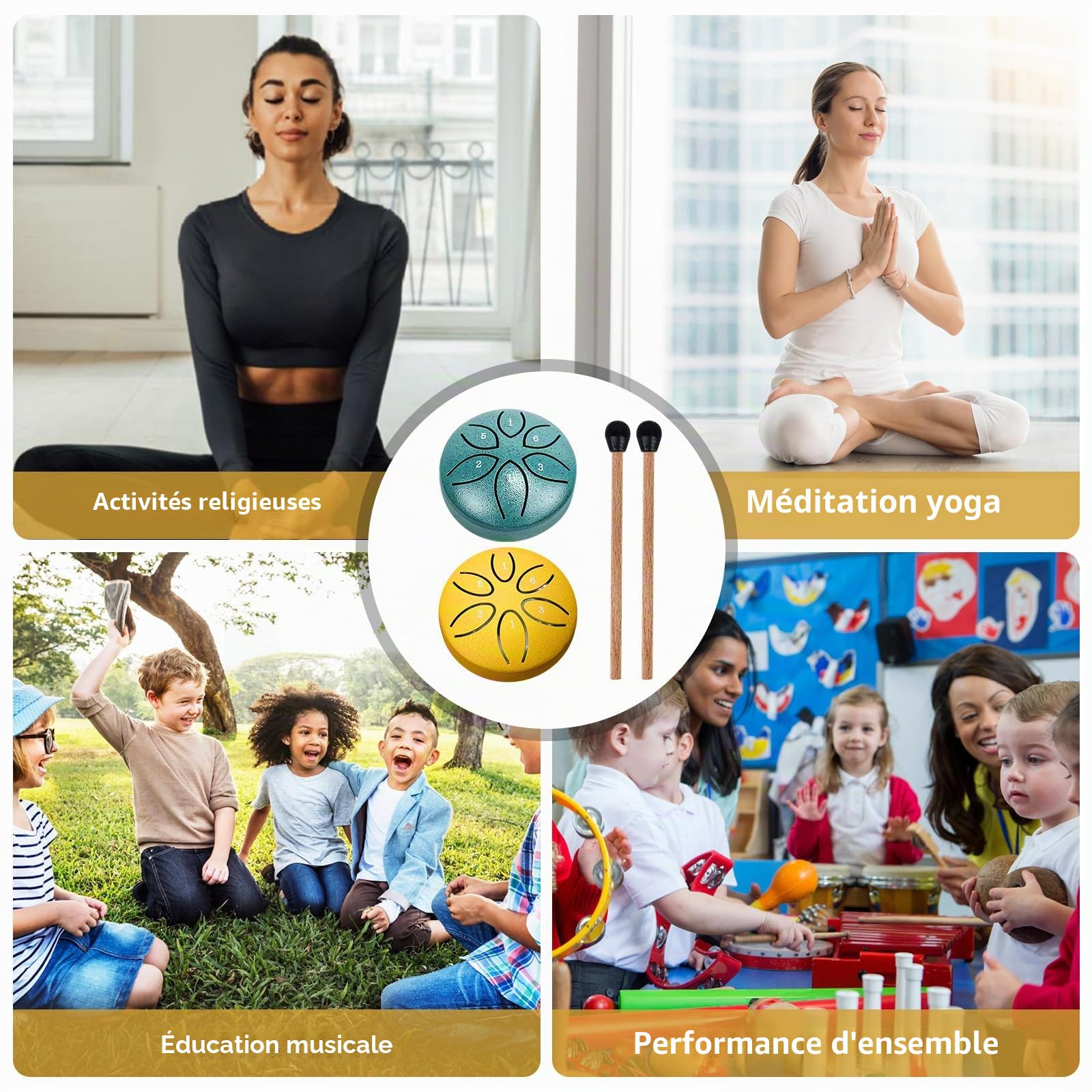 Lot de 2 Mini Tambours à Langue en Acier 6 Tons avec Maillets, Steel Tongue Drum pour Méditation, Yoga, Relaxation, Guérison Sonore et Éveil Musical