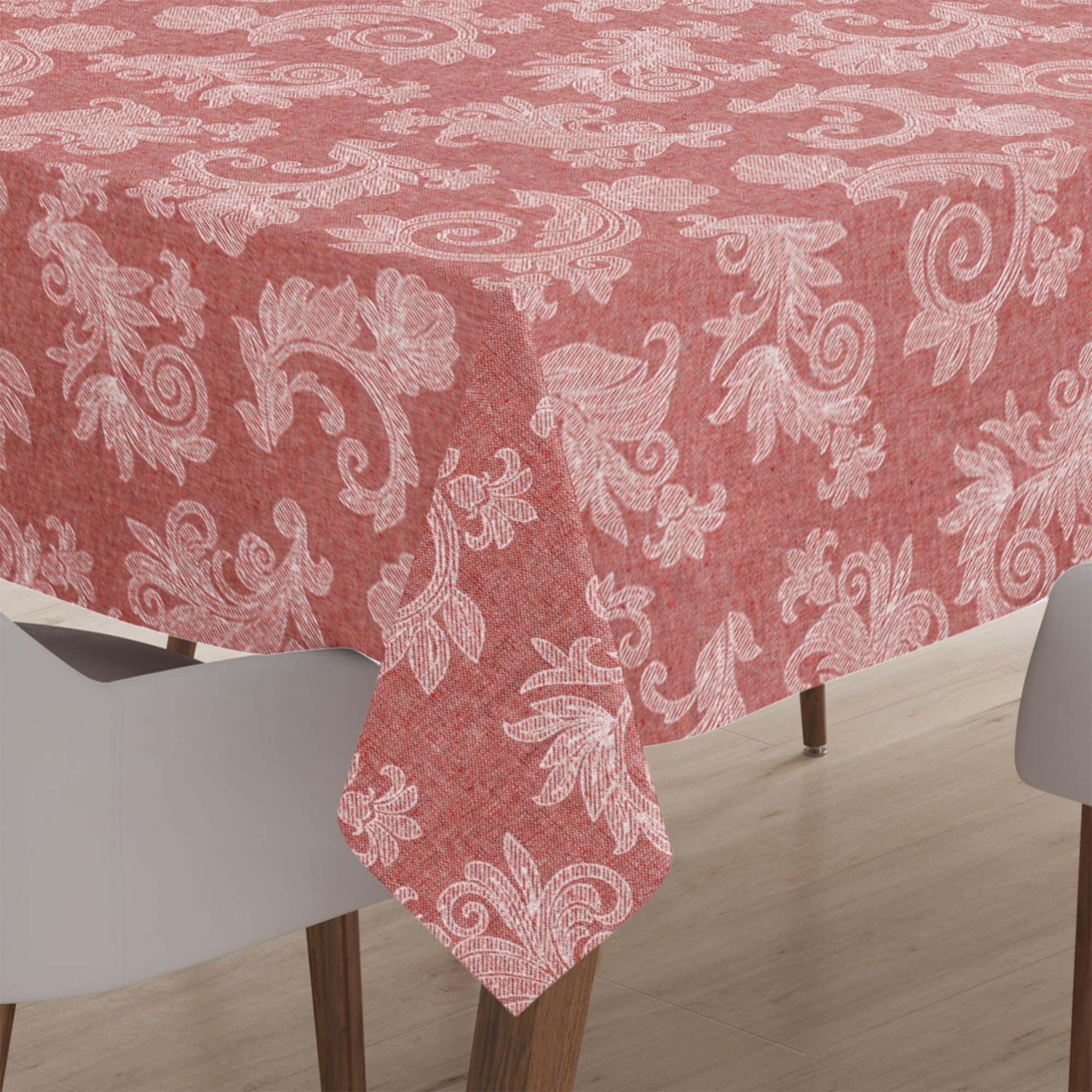 Encasa XO Dining Table Cover for 4 Seater | Square Size - 145x145 cm (57x57 in) | Floral Red Jacquard Printed on Chambray Cotton | Dining Table Cloth for Special Occasions