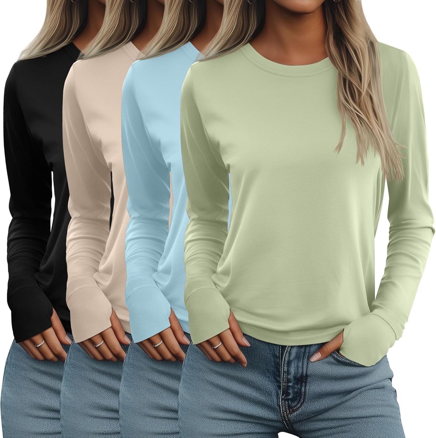 Neer 4 Pack Women's Long Sleeve Shirts with Thumb Holes, Crew Neck Loose Tops Tunic Cotton Blend Casual Y2k Fall Tees