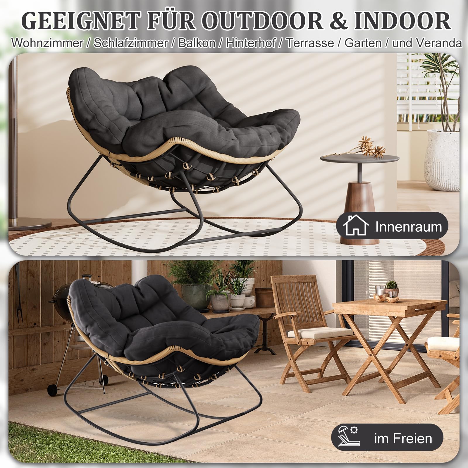 TWSOUL Mecedora para jardín, salón, relax, sillón de ratán, silla mecedora con acolchado, soporta hasta 150 kg, para jardín, dormitorio, salón, balcón (negro)