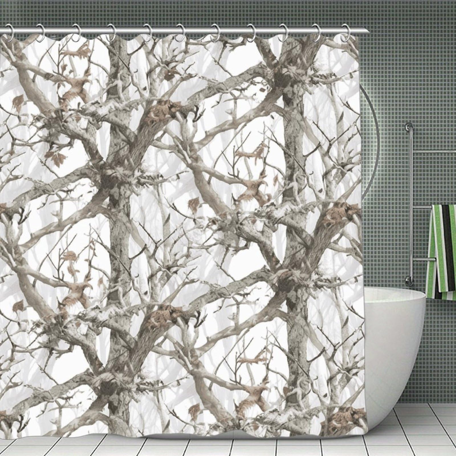 VstaDank White Tree Camo Shower Curtain Light-Weight Blackout Bathroom Curtain Washable Shower Liner 71x71 Inch Bath Curtain with Metal Holes Bathtub Bath Room