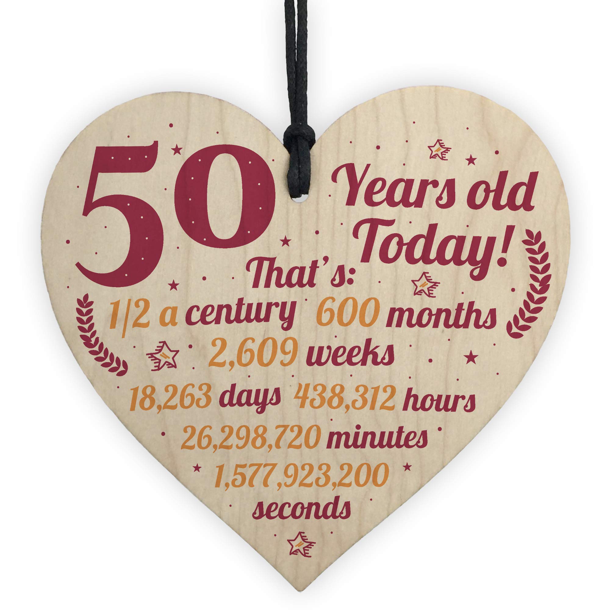 Red Ocean Novelty 50th Birthday Gift Wooden Hanging Heart Chic Sign Plaque Friendship Gift For Mum Dad Sister Brother Family