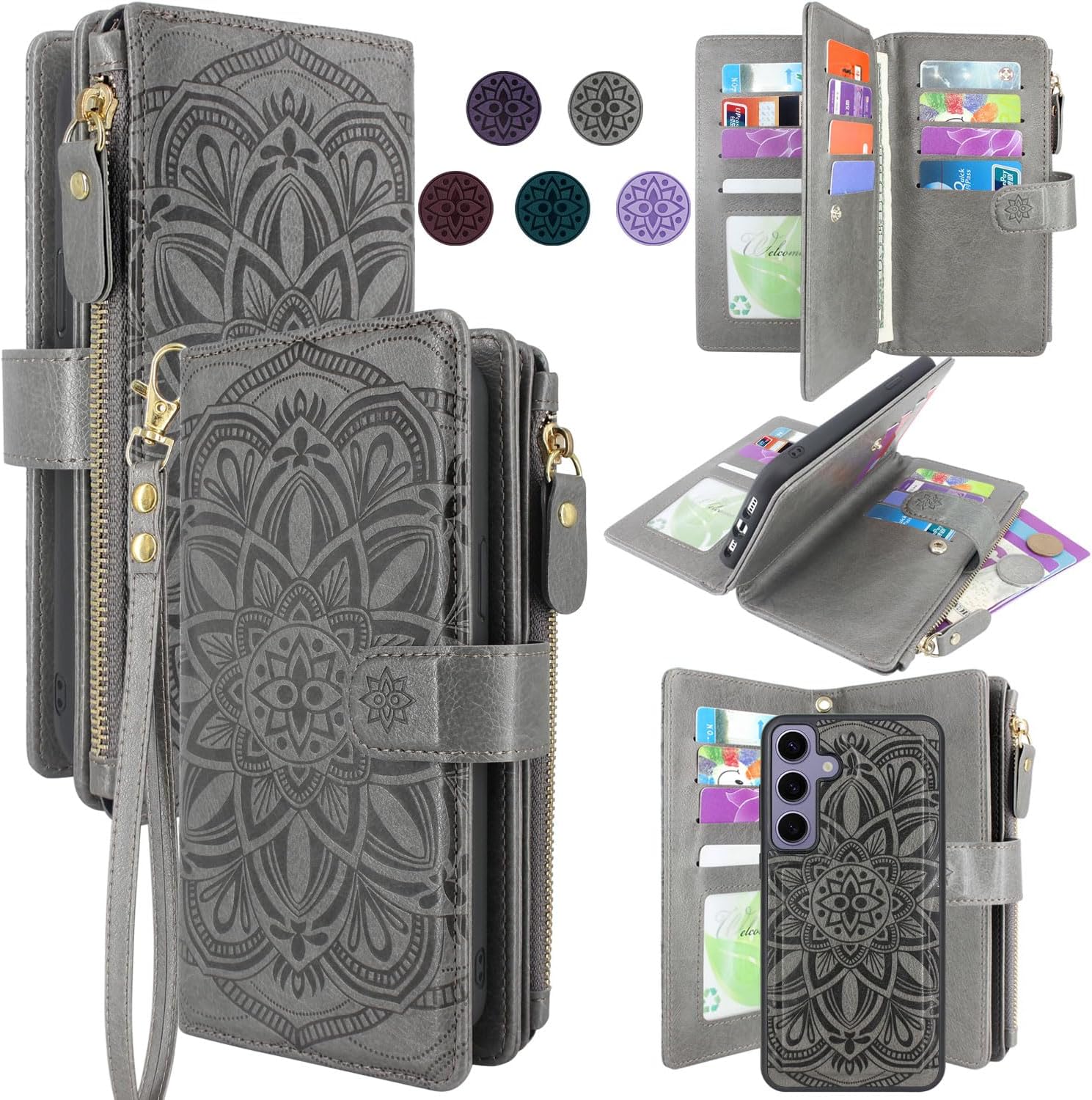 Compatible with Samsung Galaxy S24+ Plus 5G 6.7 inch (2024) Wallet Case with [12 Card Slots] Detachable Removable Phone Cover Cash Coin Zipper Pocket Wrist Strap (Floral Grey)
