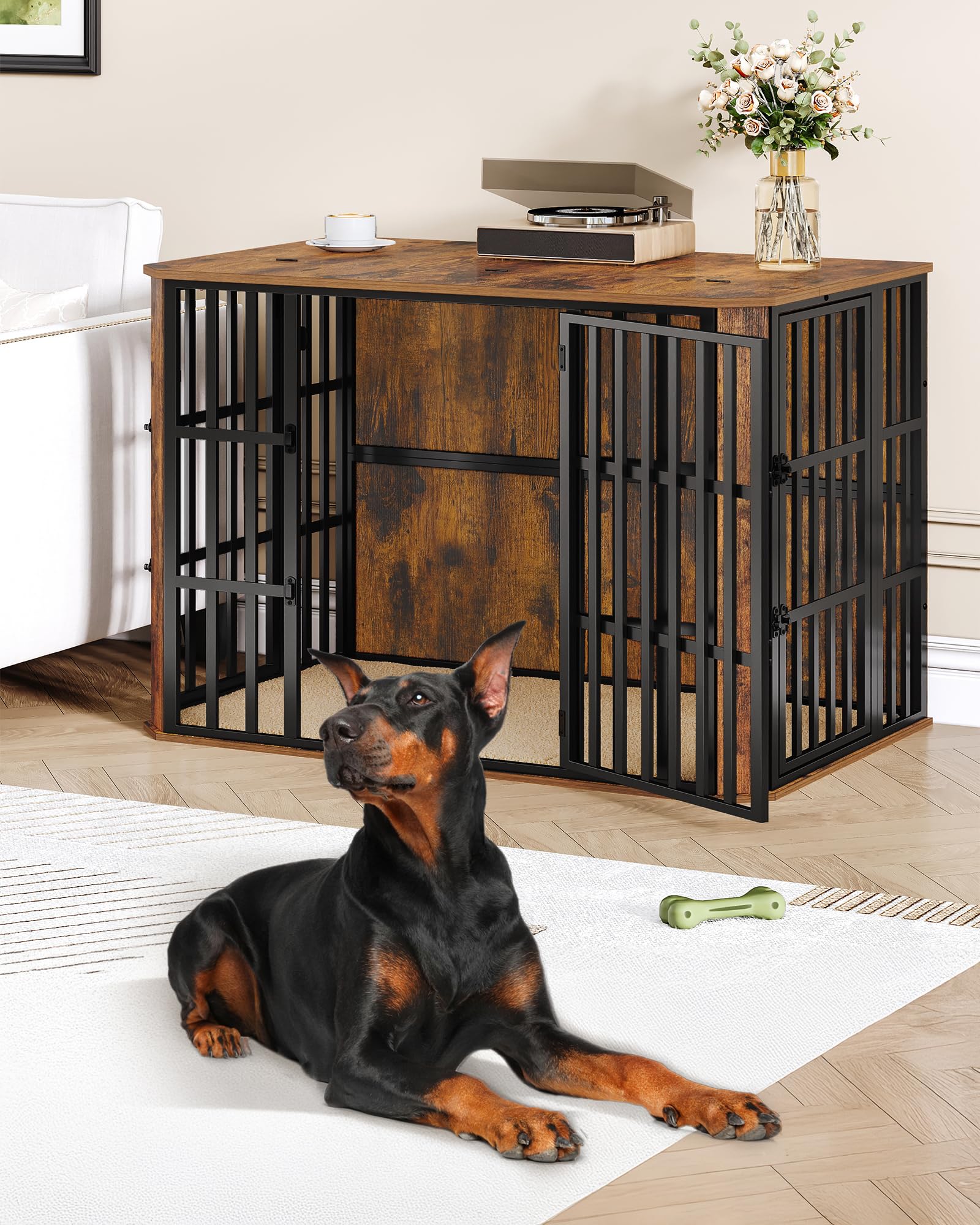 Hzuaneri Cage pour Chien, Heavy Cage en Bois avec Porte d'alimentation Supérieure, Design Multi-Portes, Grande Table d'appoint pour Cages pour Chien, 120 x 75 x 81 cm, Marron Rustique DFC86801B