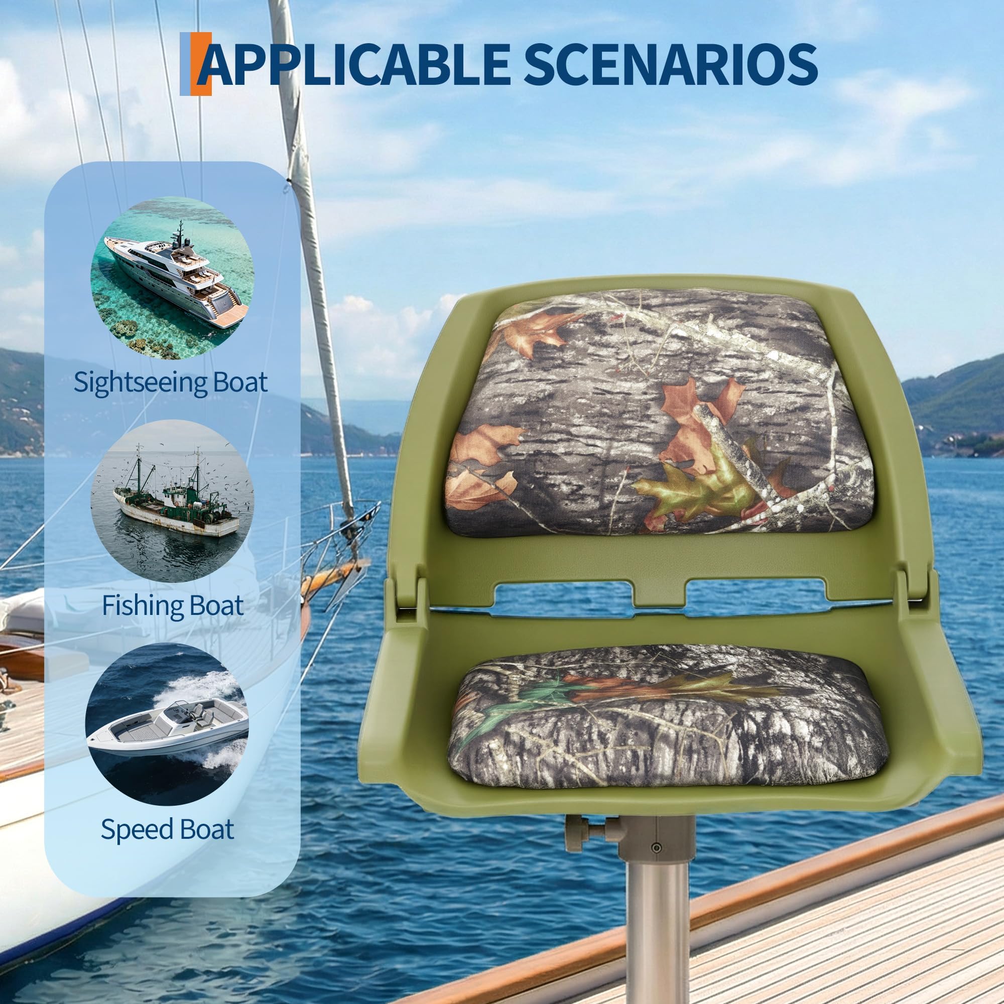 Garvee Lot de 2 Sièges de Bateau Pliants Ergonomiques à Dossier Bas, Rembourrage Épais, Revêtement PVC Résistant aux UV et aux Intempéries, Convient pour Pêche, Vedette et Croisière, Camouflage