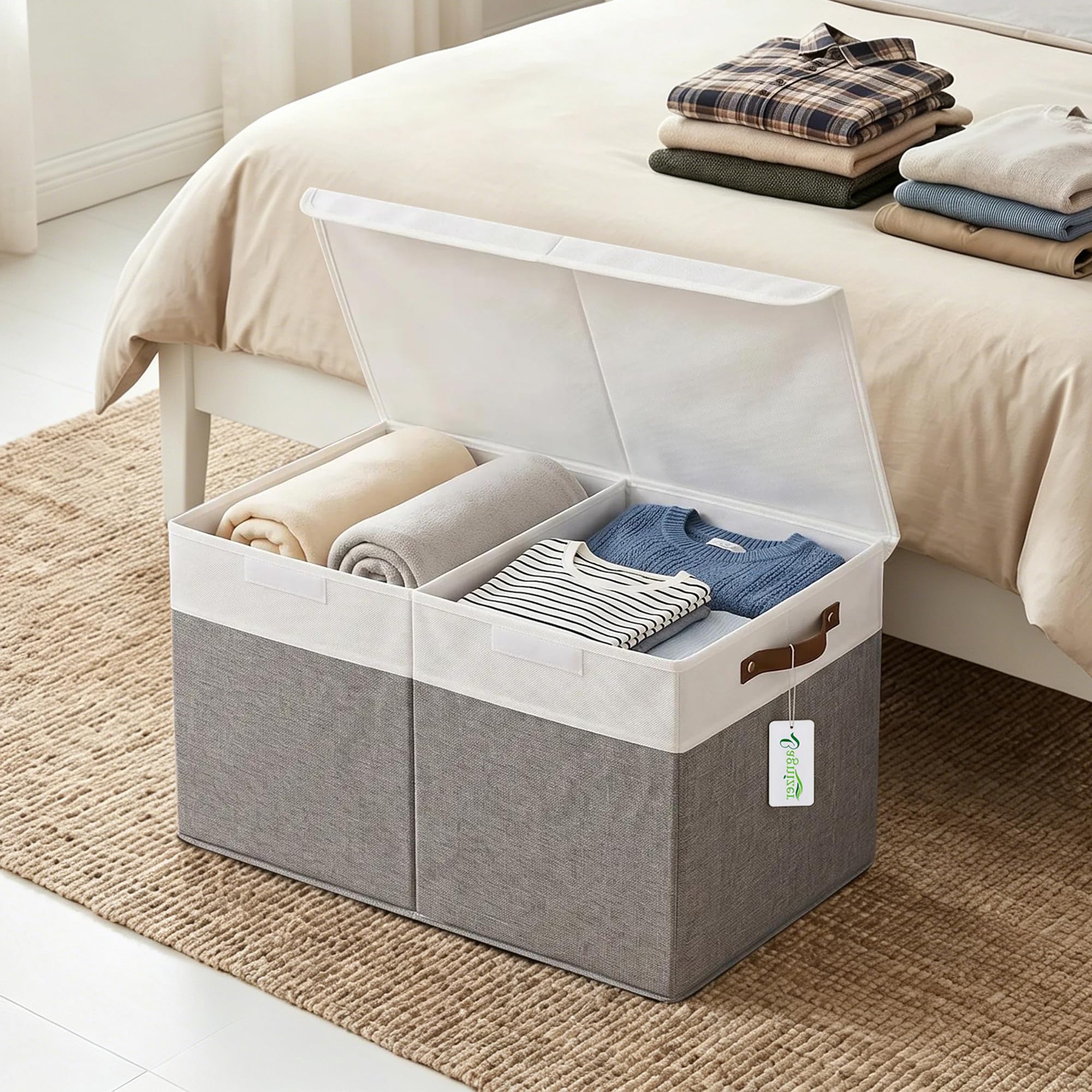 Caja de juguetes grande con tapa, plegable, resistente, organizador de almacenamiento de juguetes, cestas para niños, gris y blanco
