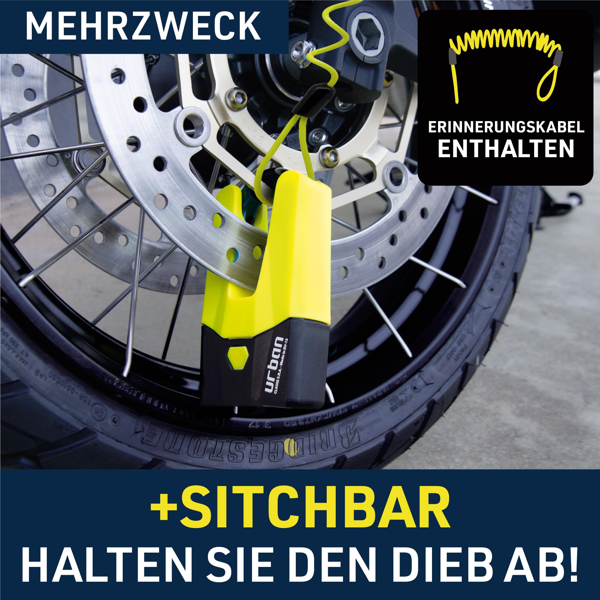 URBAN U9DY Motorradschloss Bremsscheibenschloss, Hochsicherheit Level 18, Gehärtetem Stahl ø15 Doppelverriegelung, SRA Geprüfte, Hergestellt EU