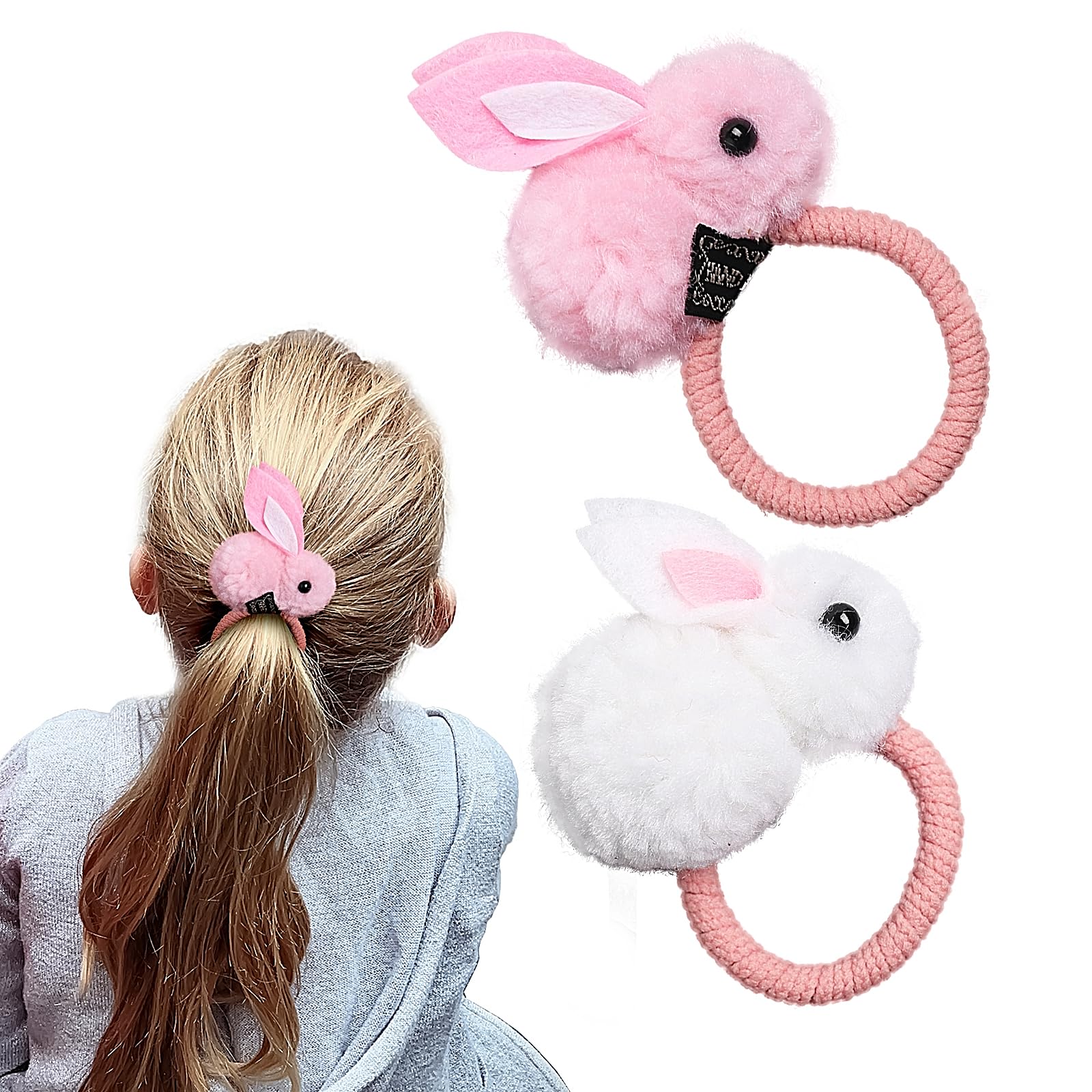 2pcs Pink Headband with Matching Scrunchie Hair Tie Lusofie 2Pcs Pink Pompom Hair Tie Set - Faux Rabbit Fur  main image 4