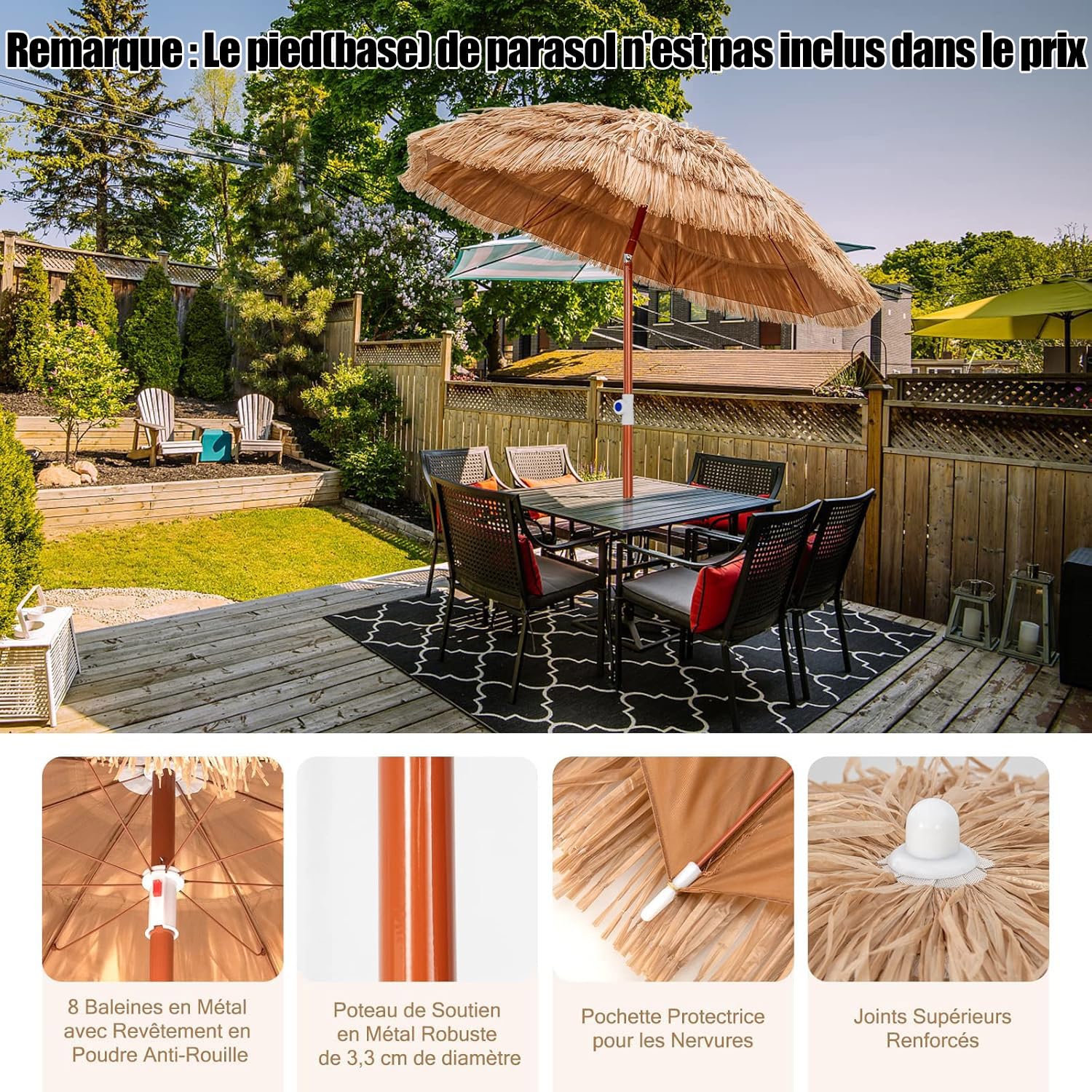 COSTWAY Parasol de Jardin Exterieur Φ175 cm, Inclinable et Hauteur Réglables 140-190 cm, Parasol Exotique Paille PP à 5 Couches, Sac de Transport, 8 Baleines, Style Hawaïen pour Jardin Plage Piscine
