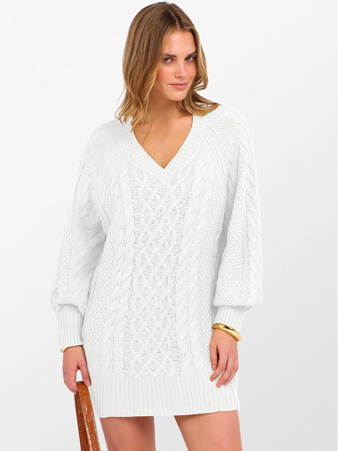 ANRABESS Womens Long Sleeve V Neck Oversized Cable Knit Mini Sweater Dresses 2025 Winter Fall Trendy Pullover Tunic Outfits