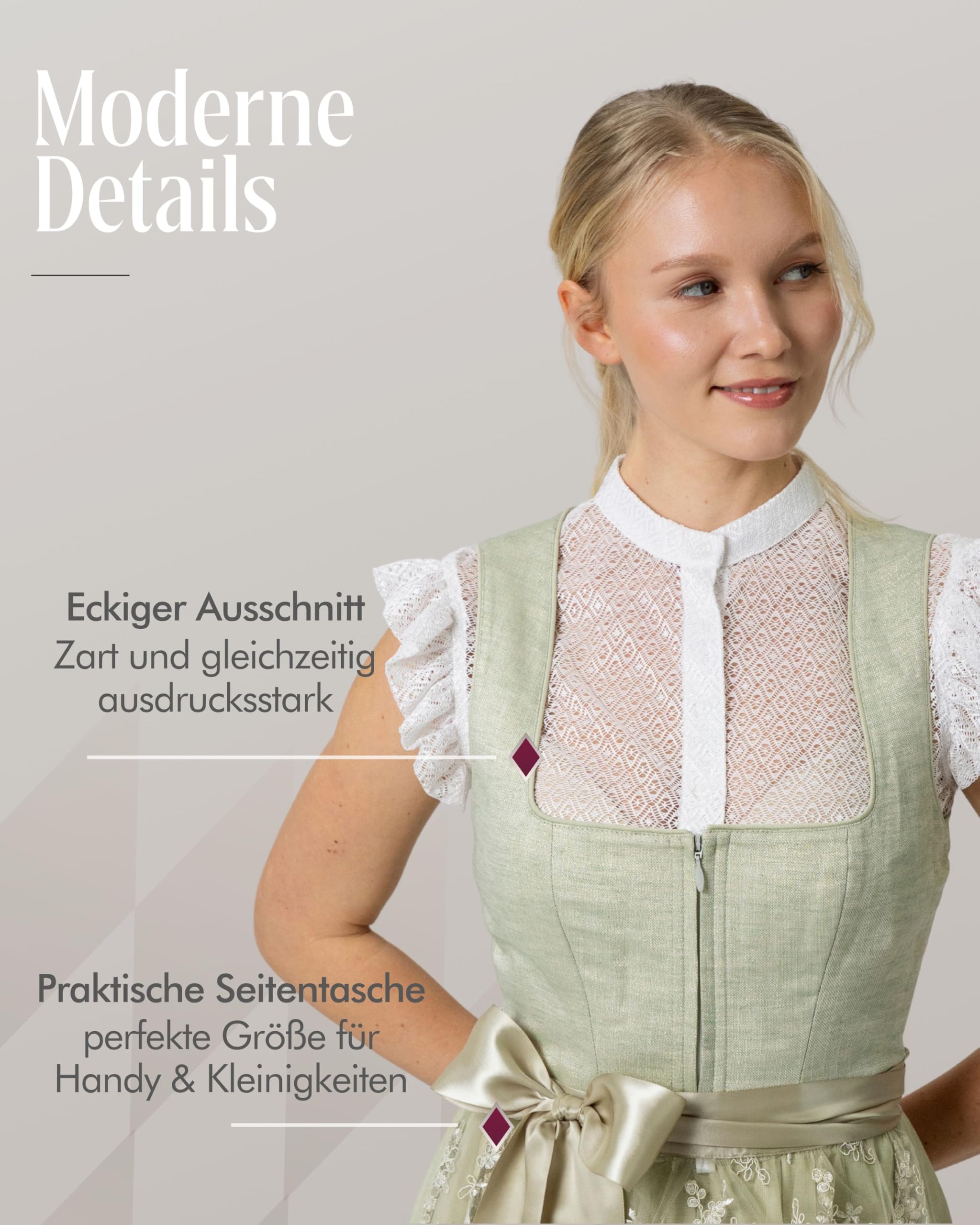 Nübler Dirndl mini Damen - 2 teilig inkl. Kleid und Dirndl Schürze, Rocklänge 58cm - Moderne bayrische Tracht, Kisha Lindgrün