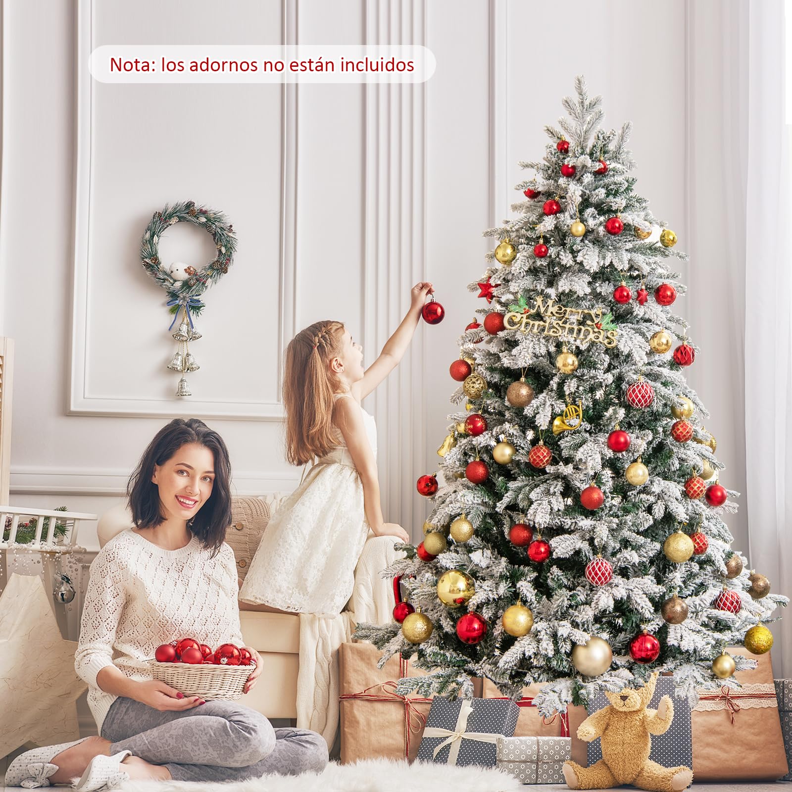COSTWAY Árbol de Navidad Nevado con Luces 180cm, Arbol de Navidad con Luces Incorporadas, 260 Luces LED Cálidas, 1415 Puntas de PVC y PE, Arvore de Natal Hogar Oficina Fiesta (180cm)