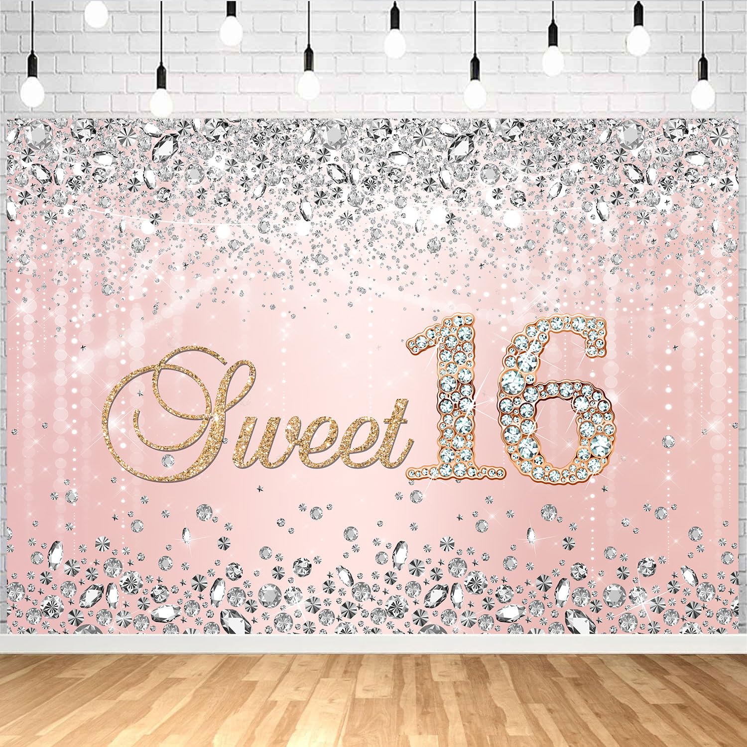 Runder Fotohintergrund 'Happy 16 Bday' – 2,2x2,2 M, Polyester, Rosa/Roségold Mit Glitzer, Für Geburtstagsfotos