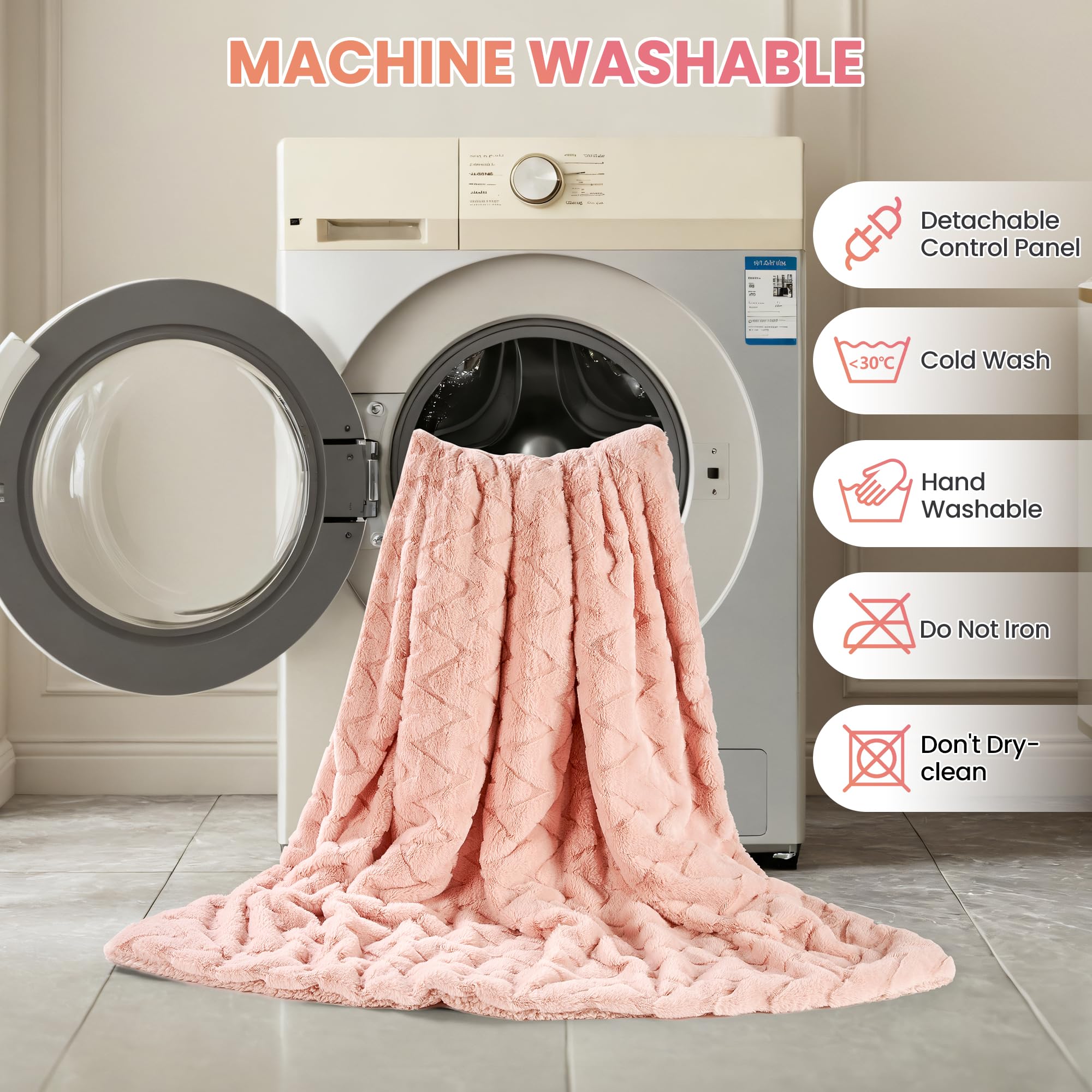 Coperta Elettrica Riscaldante 130x180 cm, Morbida Peluche di Coniglio e Sherpa, 4 Livelli di Temperatura e Spegnimento Automatico 10H, Lavabile in Lavatrice, per Divano Letto Ufficio (Rosa)