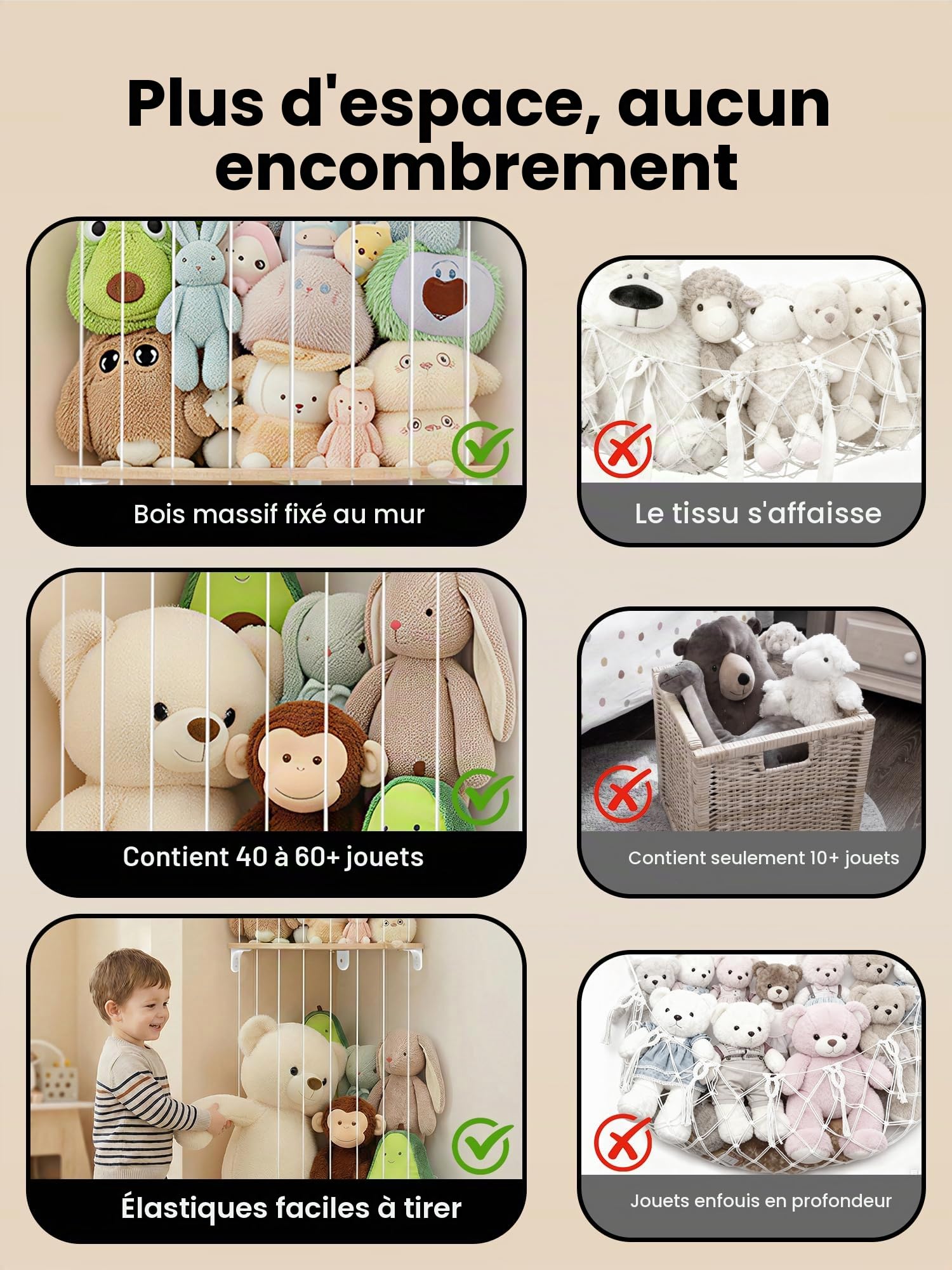 SUNMON Rangement Peluches Enfant, Rangement Peluche Mural, Hauteur Réglable de 110 à 180 cm, Conception à 2 Couche avec Sangles Elastiques, Étagère Murale pour Ranger Peluches