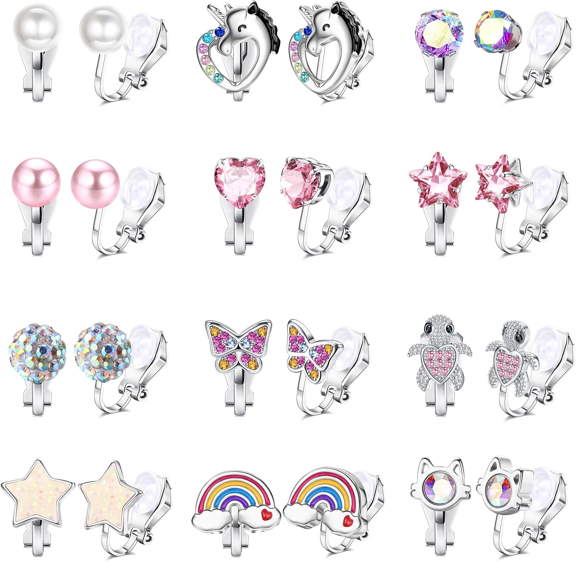 12 Pairs Kids Clip on Earrings for Girls Teenager Cute Hypoallergenic Shiny Butterfly Heart Flower Pearl Non Pierced Multicolor Pink CZ Clip Earrings Set
