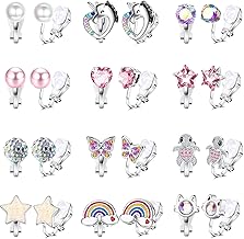 12 Pairs Kids Clip on Earrings for Girls Teenager Cute Hypoallergenic Shiny Butterfly Heart Flower Pearl Non Pierced Multicolor Pink CZ Clip Earrings Set